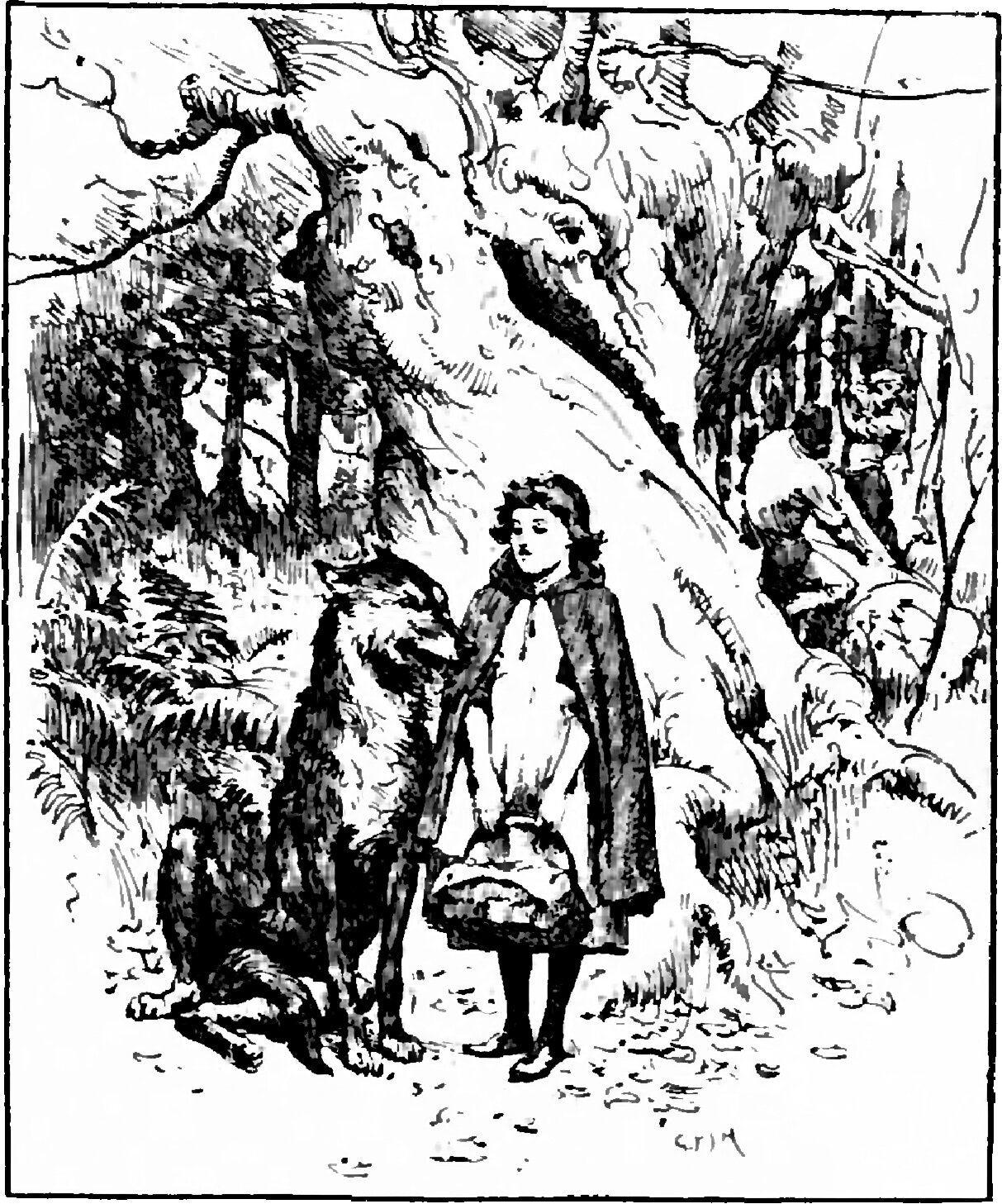 Little Red Riding-hood stands in a wood at the foot of a great gnarled tree, bare-headed in a hooded cloak with a cloth-covered basket in her hand, and the Wolf sits up on its haunches close at her side with its muzzle raised to her shoulder