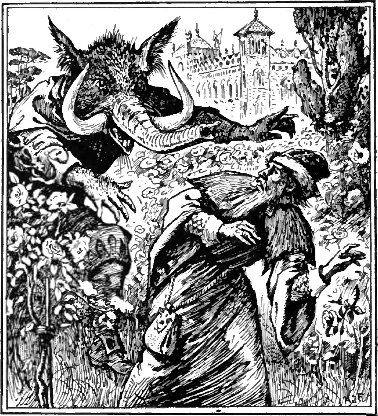 In the rose garden below the palace the Beast, a shaggy boar-headed creature with upright pointed ears, great curving tusks and long scaly clawed arms, leans over the flowering hedge with its jaws open and reaches toward the merchant, who bends away with both arms flung out and his face turned up toward it