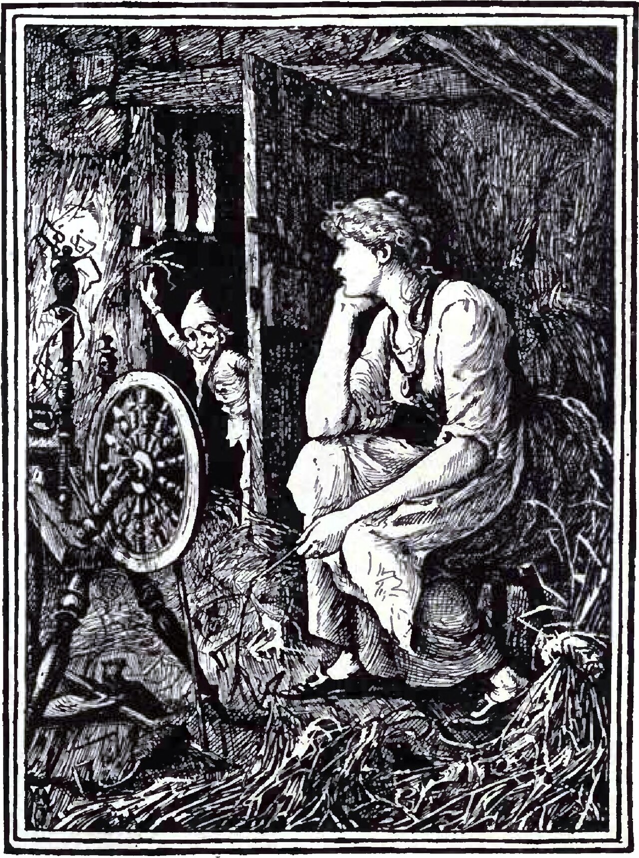 The miller's daughter sits among heaps of straw in a dim raftered room, her cheek propped on her hand and her other hand resting on her knee, while Rumpelstiltzkin, a tiny grinning man in a tall peaked cap, stands in the shadow at the edge of the open door behind her with one arm raised above his head, and a large spinning wheel stands at the left