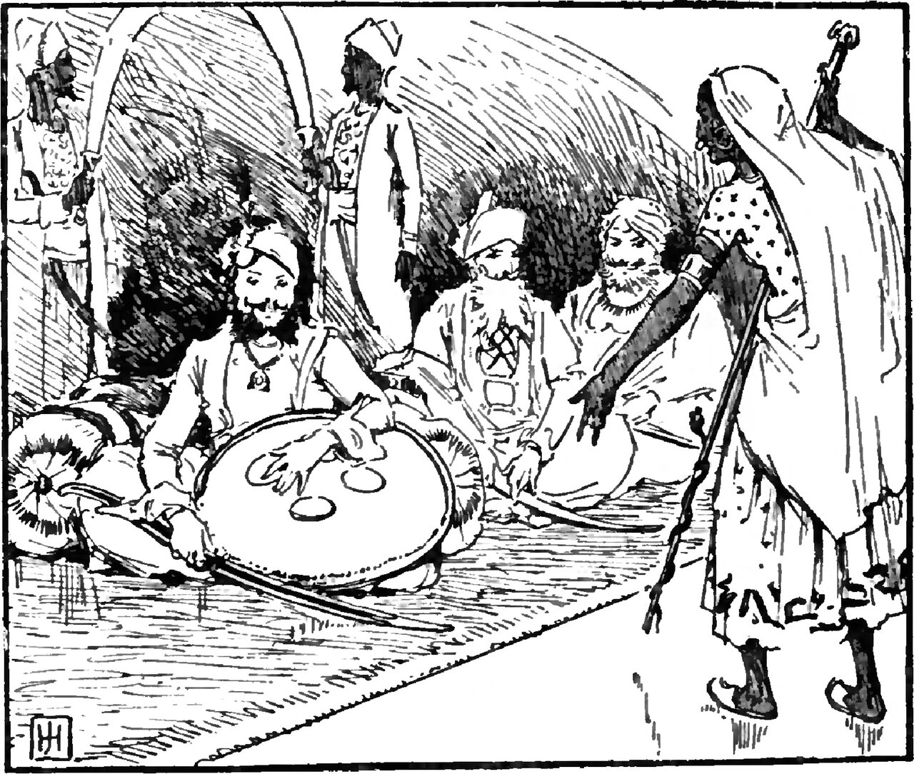 Three bearded men in turbans sit on the floor of an arched hall around a large round tray set with small dishes, two curved swords lying on the ground beside them, while a figure wrapped in a long pale hooded cloak over a spotted garment stands at the right leaning on a staff, and the nearest seated man stretches his arm up toward it
