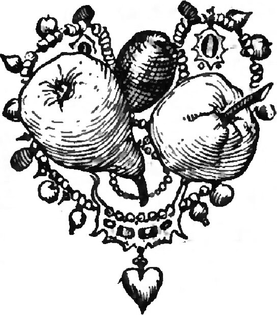 A still life with no figures: three fruits, two round apples and a dark cross-hatched pear between them, resting in a heart-shaped setting of jewellery made of strung pearls, cabochon stones and a pierced oval gem at the upper right, with a plain pendant heart hanging below on a link