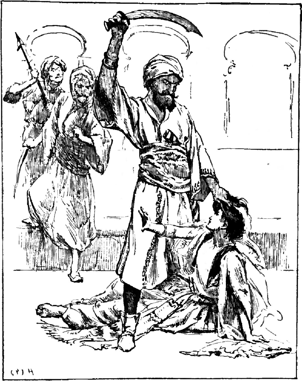 Blue Beard, bearded and wearing a turban, a long robe and a broad sash, stands with a curved sabre raised above his head and his other hand gripping the hair of his wife, who kneels at his feet in a pale robe with her head pulled back and one bare arm flung out across him, while two turbaned men in robes stride in from the left, the one behind carrying a spear