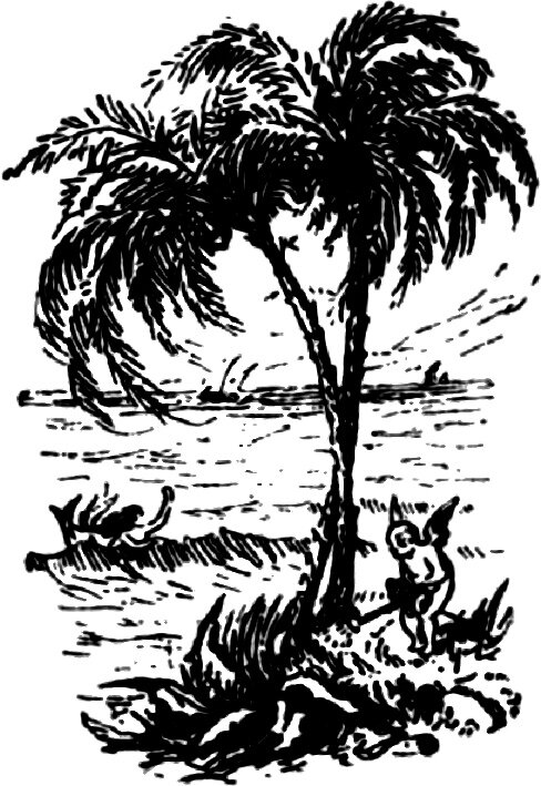 Two palms lean out over a shore against a flat sea and a low horizon. At the foot of the nearer trunk a small winged figure stands in the grass with one arm raised; out in the shallows at the left a second small figure lies along a low spit or fallen trunk with one arm thrown up