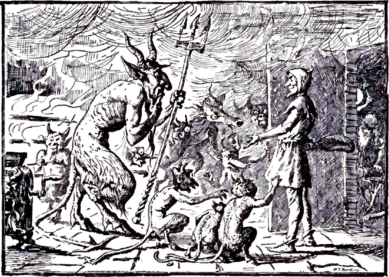 A tall horned devil with a goat's shaggy hindquarters and hooves stands in a vaulted room holding a long trident upright in both hands; a crowd of smaller horned imps presses behind and around him and two sit on the flagged floor at his feet, while at the right a man in a smock and a soft cap stands with both arms held out toward them, and more imps look on from a doorway behind him