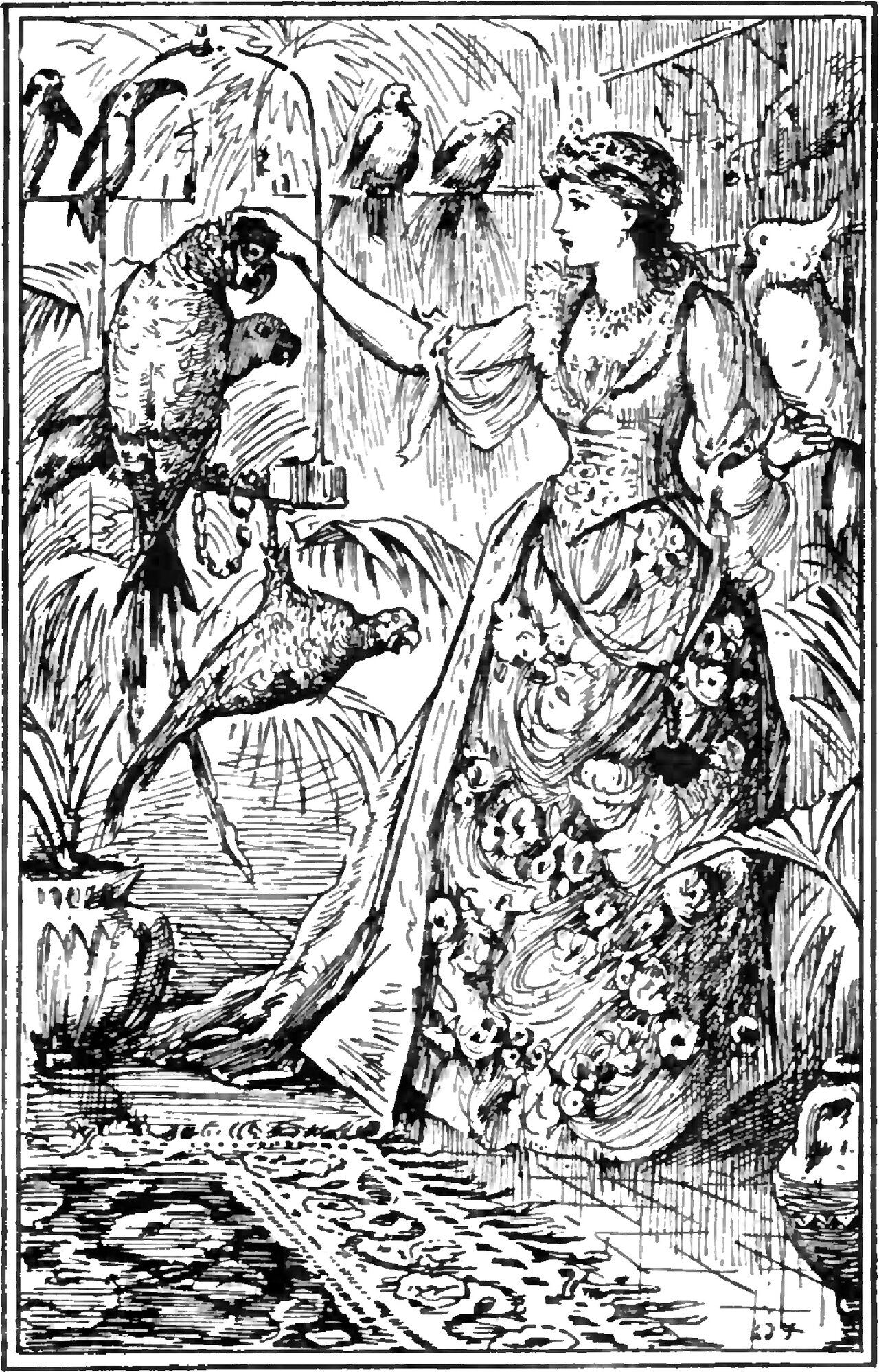 Beauty, in a flowered gown with a band in her hair, stands in a room full of perching birds and reaches one hand out toward the large parrots on a stand in front of her while a white crested cockatoo perches behind her at shoulder height, with more birds on rails above and a patterned carpet at her feet