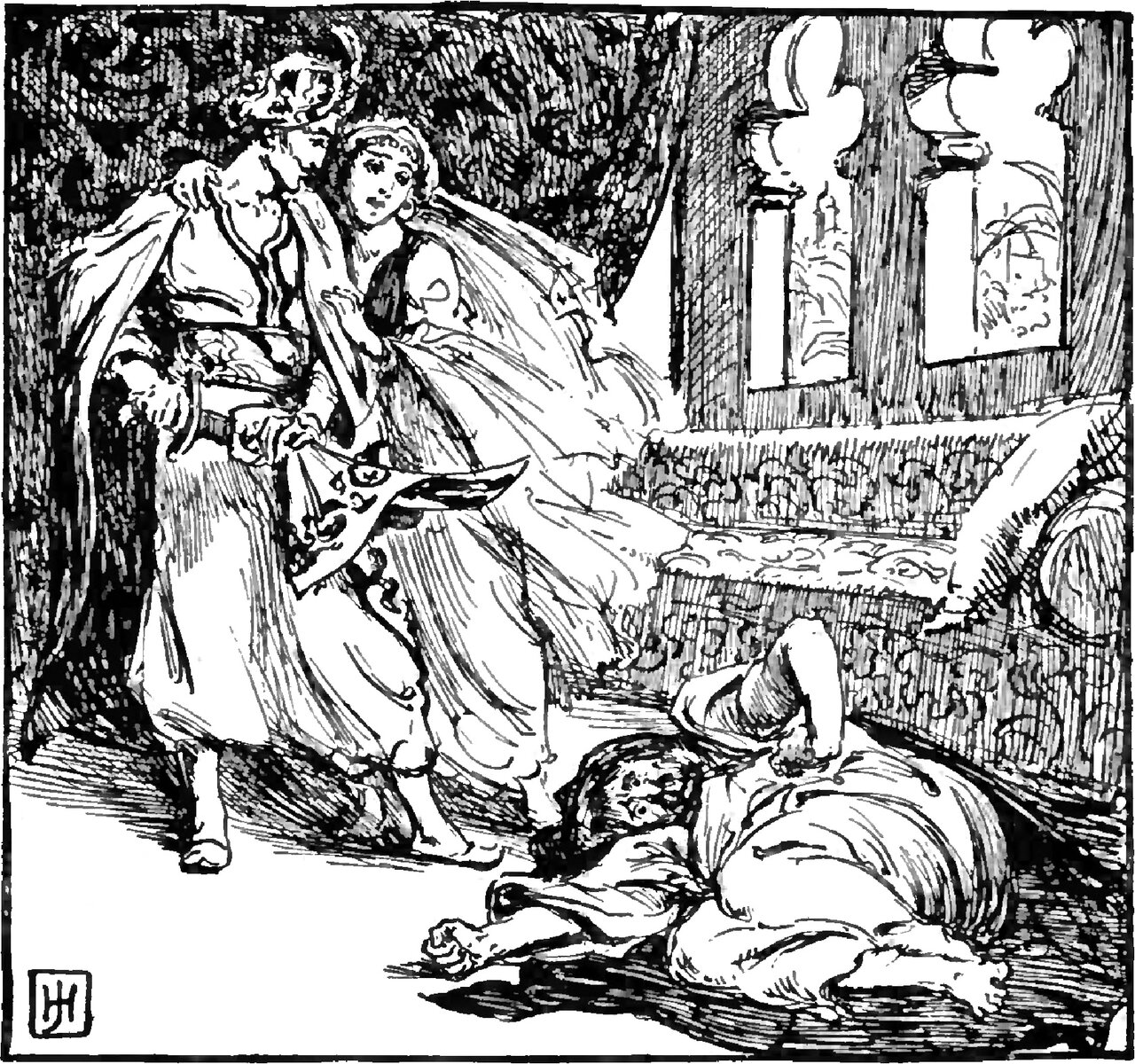 Aladdin stands holding a curved dagger with the Princess close at his shoulder, her hand on him, and the false Fatima lies dead on the floor before them in a long pale robe and dark headcloth, in a hall opening through cusped arches onto foliage
