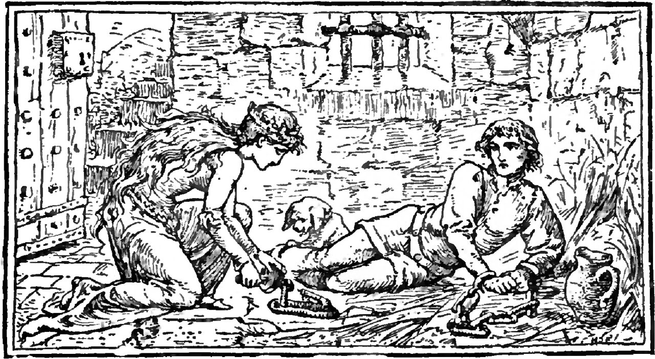 In a cell with a heavy studded door and a barred window, Princess Goldilocks kneels on the straw, her long hair loose and a garland on her head, and works with both hands at an iron shackle lying on the flagstones at Charming's feet, while he sits propped on one arm with his face turned towards her, the little dog Frisk stands over his legs between them, and a pitcher stands on the floor at the right