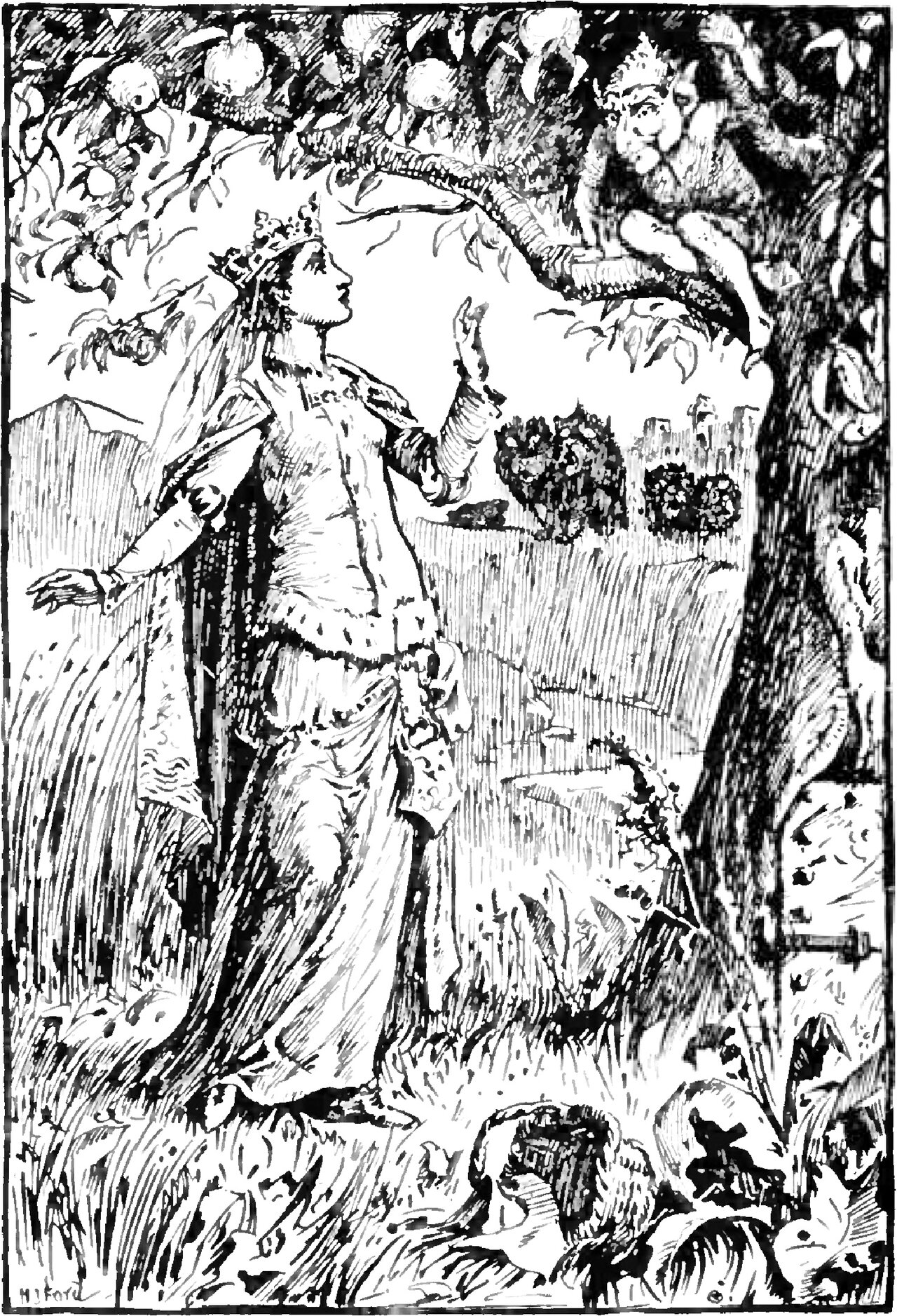 A crowned woman in a long trailing gown and mantle stands in deep grass under an apple tree hung with fruit, both arms lowered and her hands open, her face lifted toward the branches; on a bough at the upper right a small wizened figure with a beard crouches and looks down at her, and a second small figure stands against the trunk at the right beside what appears to be a bolted door set into it