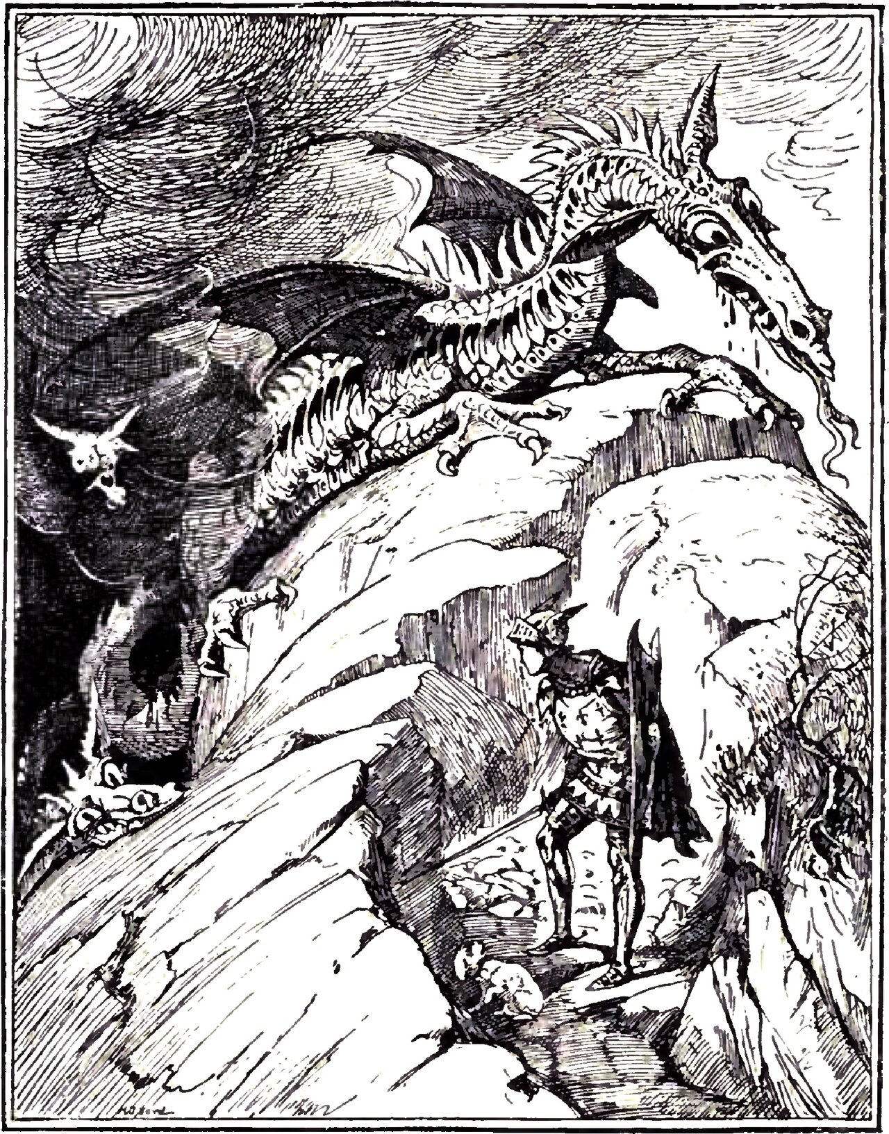 A great winged dragon crouches on a mass of pale rock with its clawed forefeet hooked over the edge, its horned and spiny head lowered and its jaws open, smoke streaming behind it, while a small armed figure in a horned helmet and a cloak stands on the rocks below with a long blade upright at his side, and skulls and bones lie scattered by the dark mouth of a cave at the left