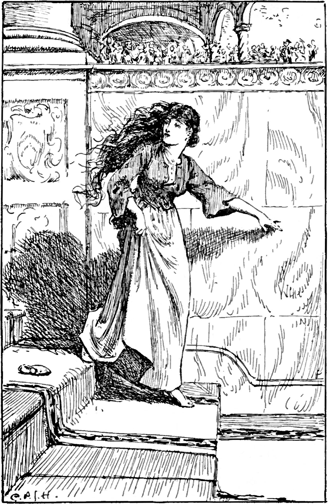 Cinderella runs out barefoot across a broad stone step from the palace, her long dark hair streaming loose behind her, one hand gathering up the skirt of a long plain dress and the other arm flung out ahead of her, while one small slipper lies left behind on the step at her back and a crowd of guests looks down from a high gallery above