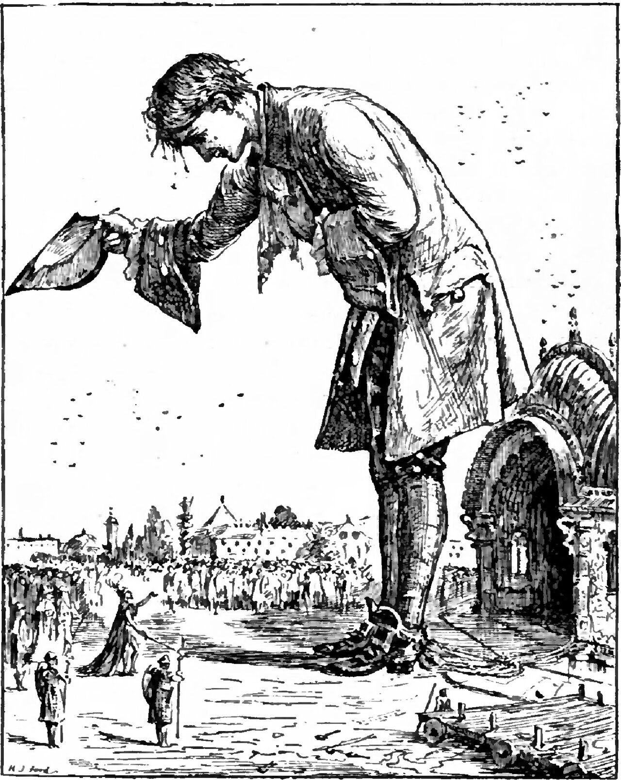 The Man-Mountain, bare-headed and bowing low from the waist, holds his hat out at arm's length over an open square where a single small figure in a plumed head-dress and a long trained robe raises one arm to him and holds a long staff in the other hand, two sentries with pikes stand in the near foreground, a crowd lines the far side, and the arched gate of a great building rises behind his legs