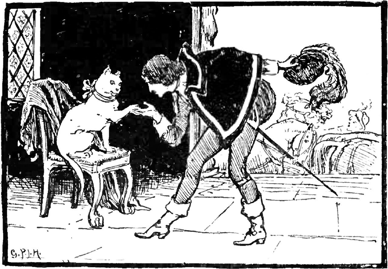 A young man in doublet, breeches and boots, a sword at his hip and a large plumed hat behind his shoulder, bends low over the raised paw of the White Cat, who sits upright on a small cushioned stool with a ribbon at her neck
