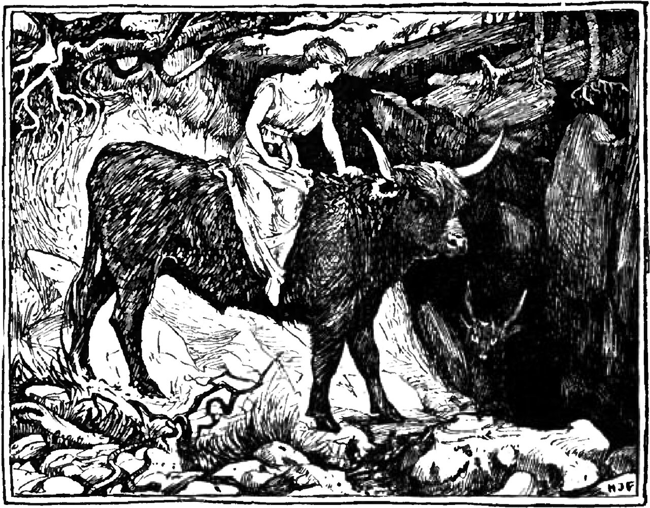 A young woman in a plain sleeveless gown sits sideways on the back of a heavy shaggy black bull with long upswept horns, one hand laid on its shoulder and her head turned down toward it, in a rocky hollow among tree roots; a second horned beast stands watching from the dark at the right