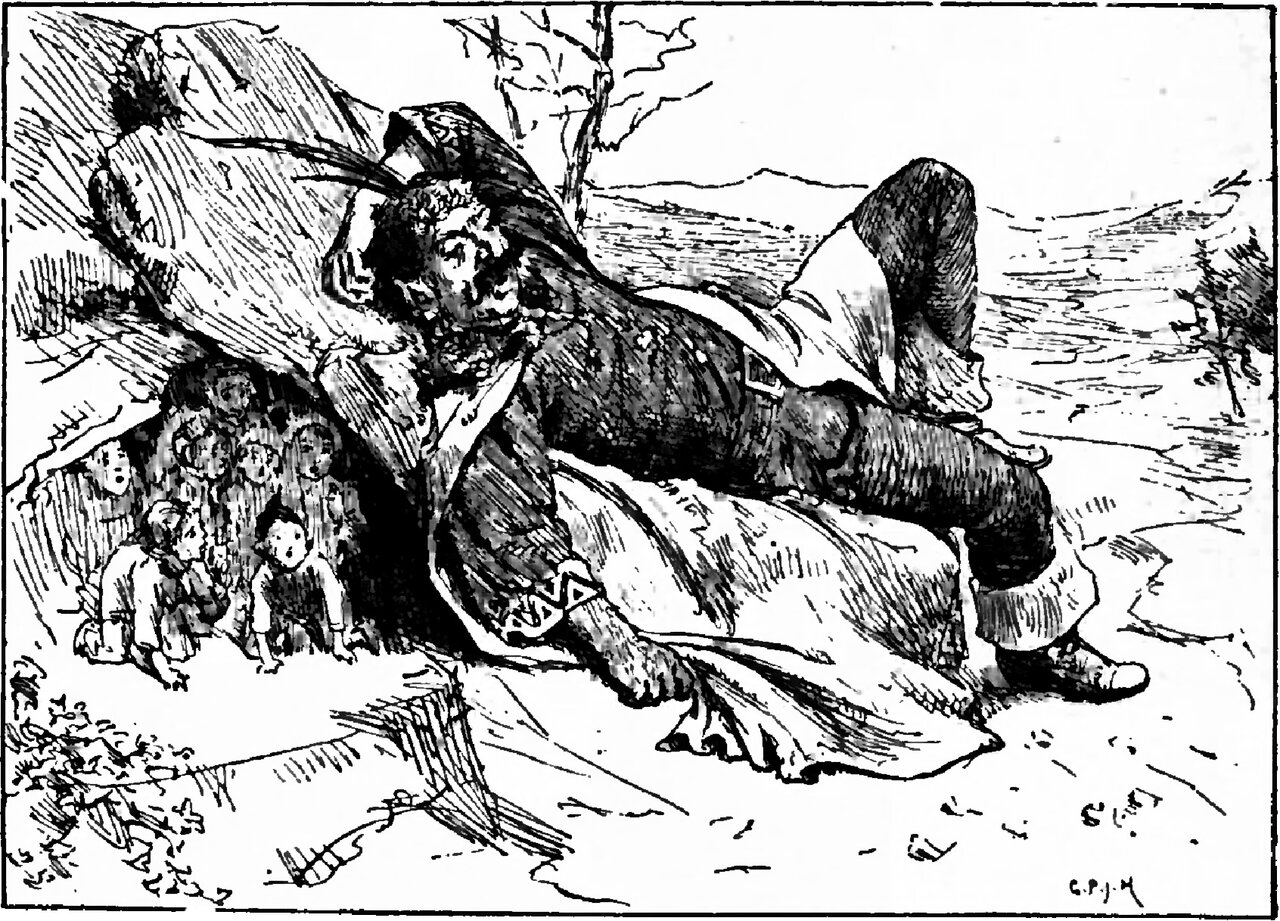 The Ogre lies sprawled against a rock in an empty landscape, his head fallen back and one arm flung up behind it, one great boot drawn up on a bent knee and the other leg stretched out, while from a hollow under the rock at the left a huddle of small boys, seven faces one above another, peers out