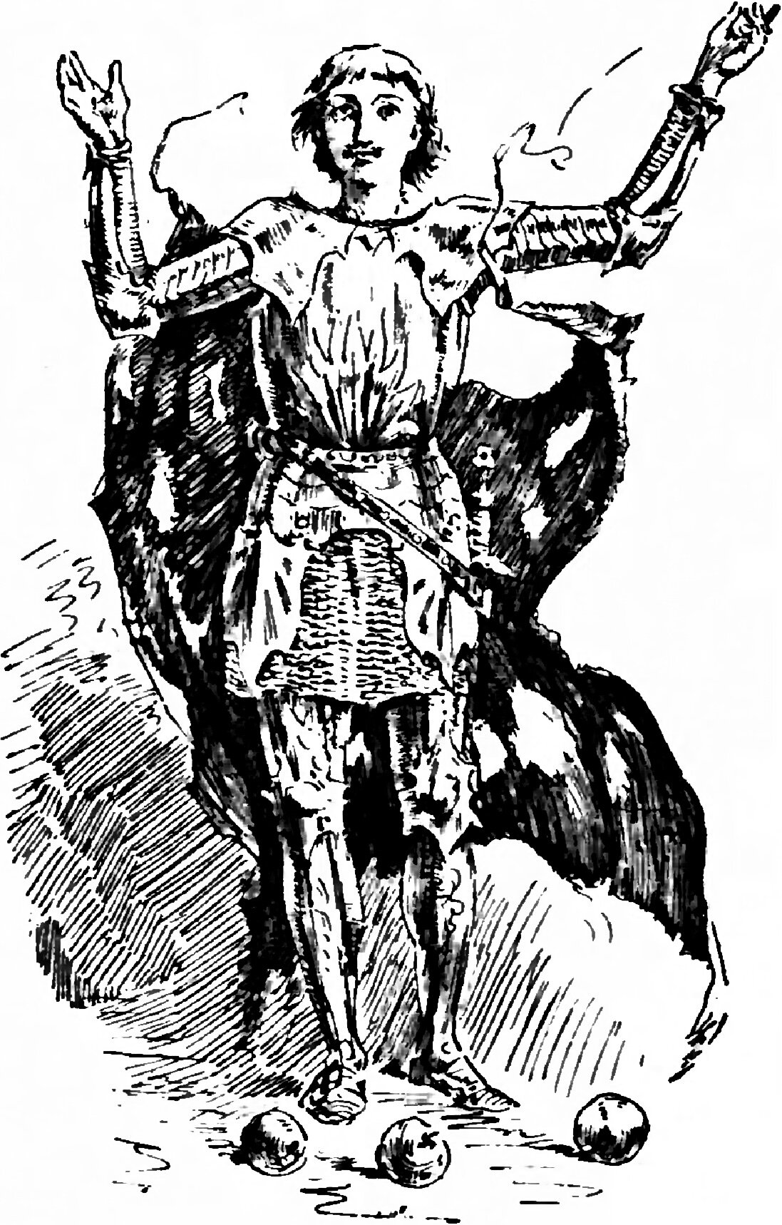 Cinderlad stands alone facing the viewer, bare-headed with long hair and a small moustache, both arms flung up as a dark ragged cloak falls away from his shoulders to either side, showing plate armour underneath with a mail skirt, a belt and a diagonal sword belt, and three round apples lie on the ground at his feet