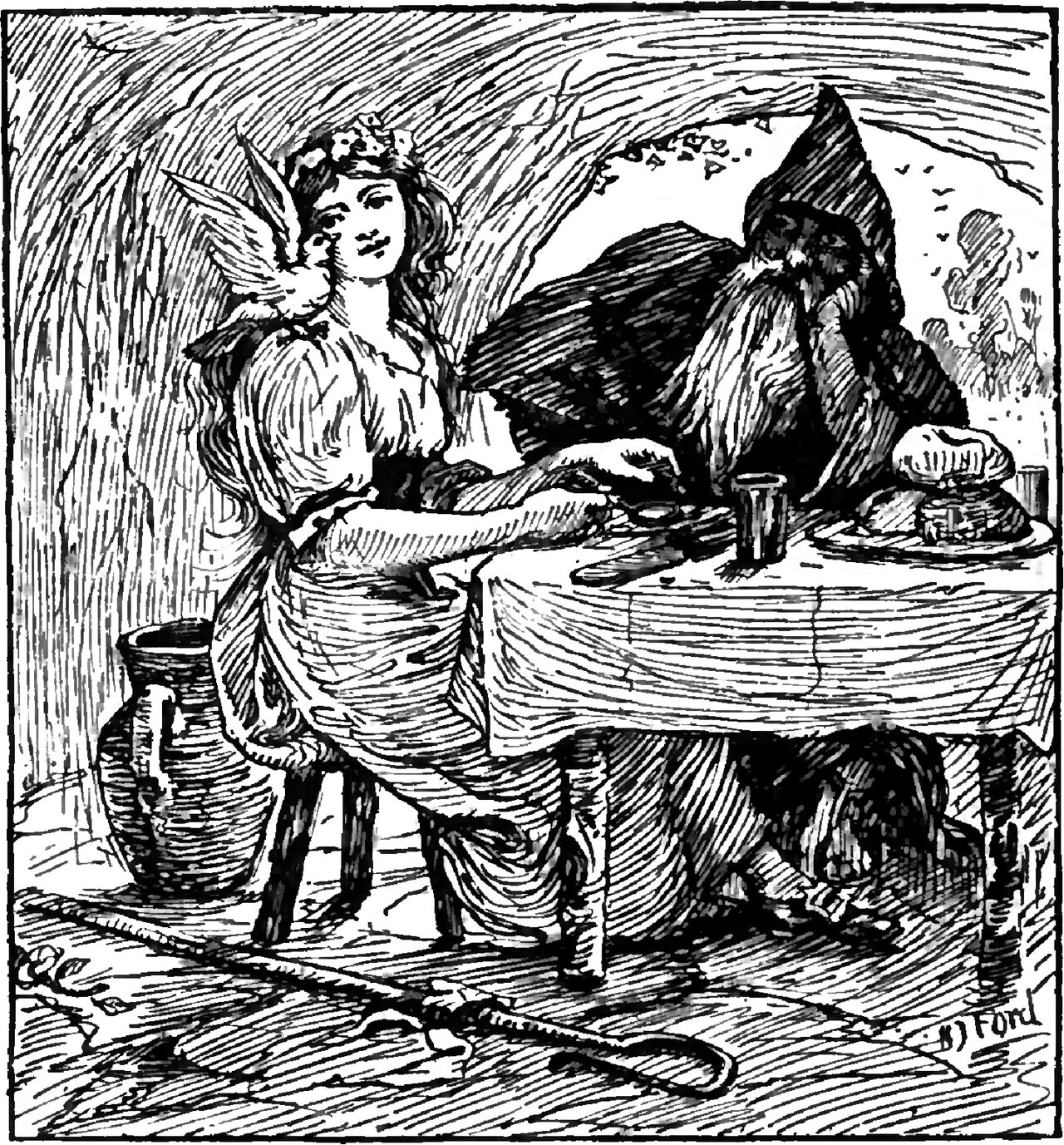Celia sits at a round cloth covered table with a wreath of small flowers in her hair and a white dove perched on her shoulder, its wings raised, facing an old bearded hermit in a dark pointed hood who rests his cheek on his hand, the table between them holding a round loaf on a dish, a beaker and a small pot, with a shepherd's crook lying on the floor, a large earthenware jug beside her stool, and an arched opening behind the hermit showing sky and flying birds