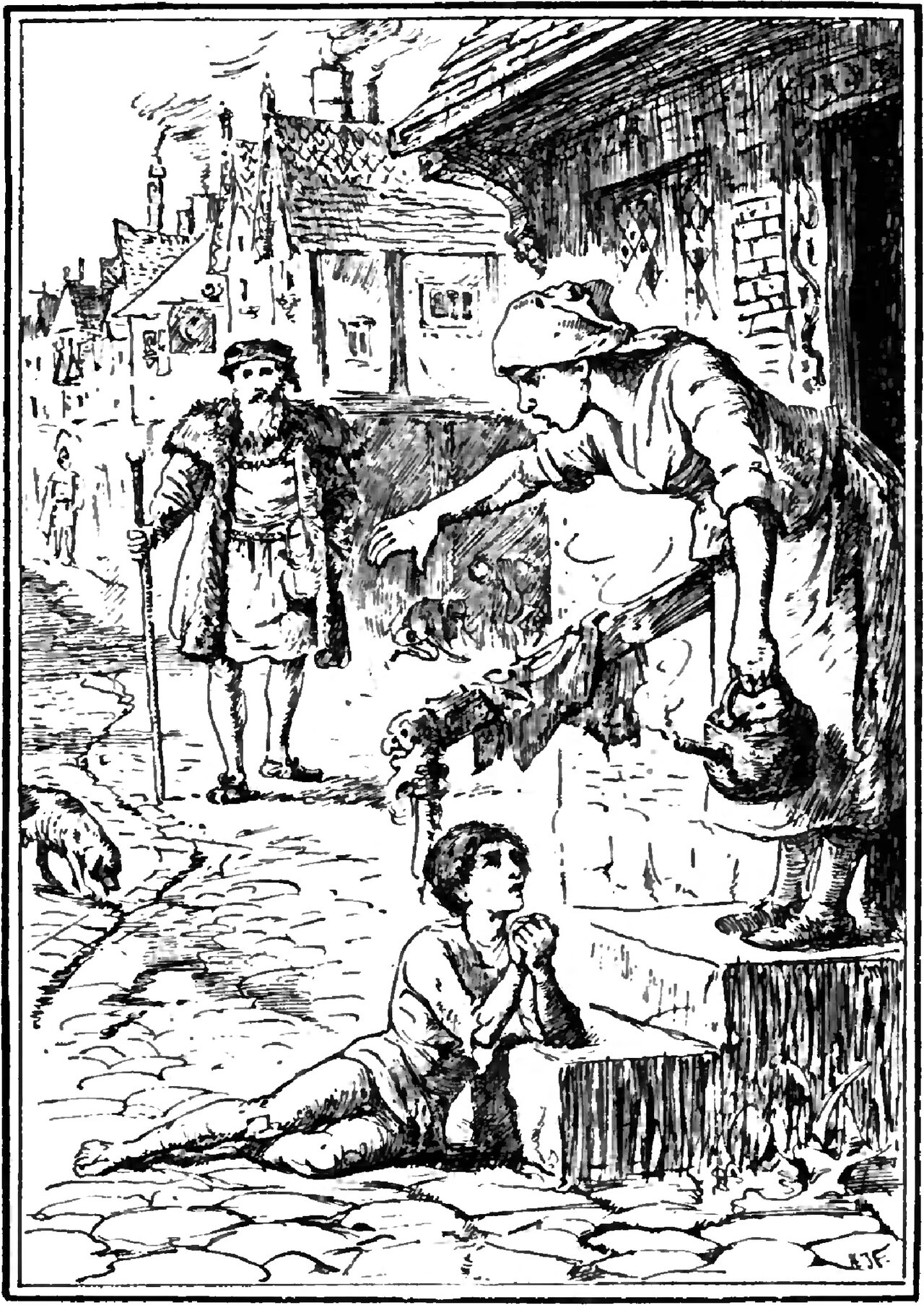 Whittington sits ragged and barefoot on the cobbles of a city street with his legs stretched out, hands clasped at his chin and his face turned up to a woman in a cap and apron who leans out over the low wall of a house, one arm flung out towards him and a small round pot held by its handle in her other hand, while behind them a bearded man in a fur-trimmed gown and flat cap stands in the street leaning on a long staff and a dog noses in the open gutter