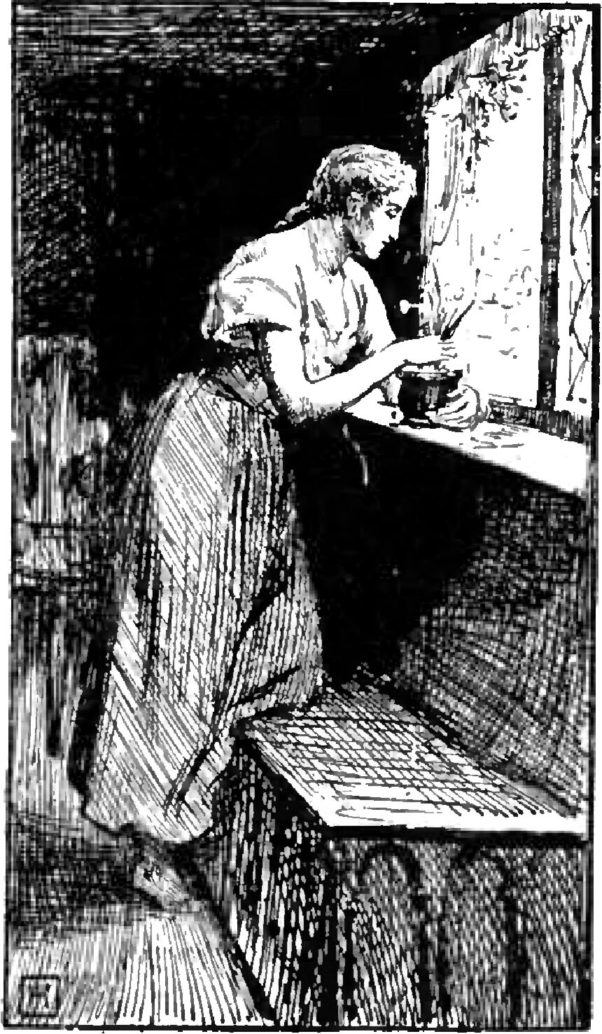 Felicia bends over the sill of an open window in a dark cottage room, her hands at a small dark pot of slender stems standing on the sill, with bright light and leafy branches beyond the casement