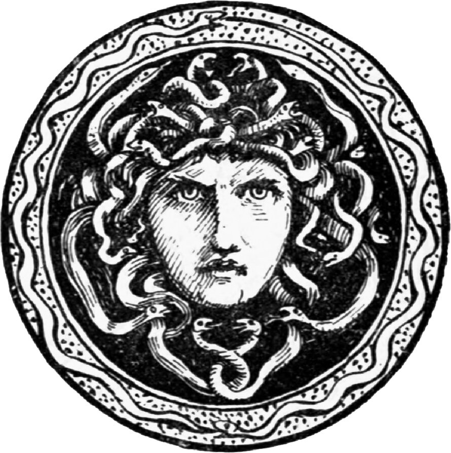 A circular ornament in which a woman's face stares straight out of the roundel, serpents writhing about her head in place of hair and two of them knotted together beneath her chin, set inside a border of wavy dotted bands