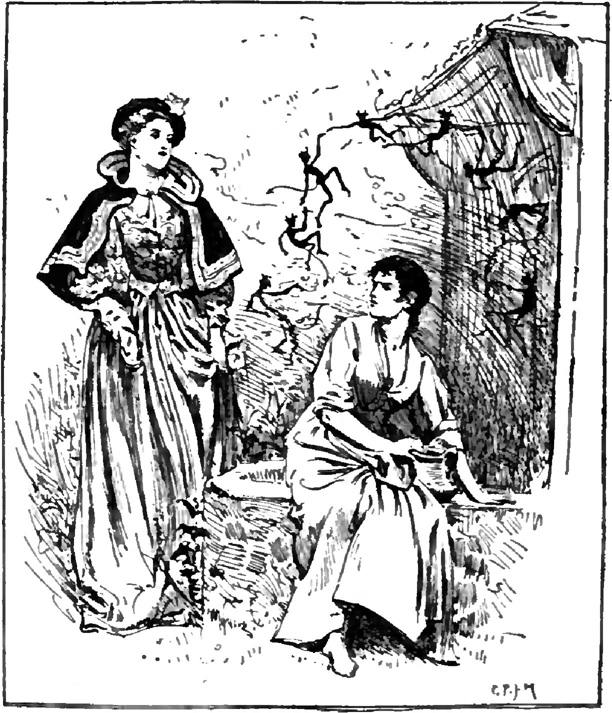 Two young women out of doors: one stands at the left in a fur-collared cape over a richly patterned gown with her hands at her waist and her face turned away; the other sits on a bank at the foot of a tree in a plain gown with a shallow bowl in her lap, looking up at her. In the air between them and along the branches above, small horned and tailed imps caper and climb