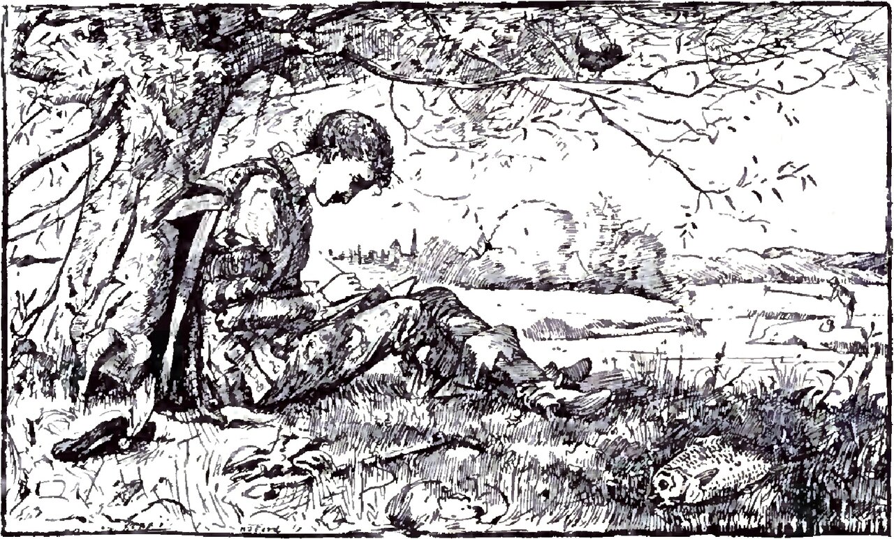 Charming sits on the grass with his back against a tree beside a river, bent over an open book on his knee with a pen in his raised hand, while a large fish lies stranded in the rough grass of the right foreground, a small dark bird perches on a branch above him and a town with a spire stands on the far bank