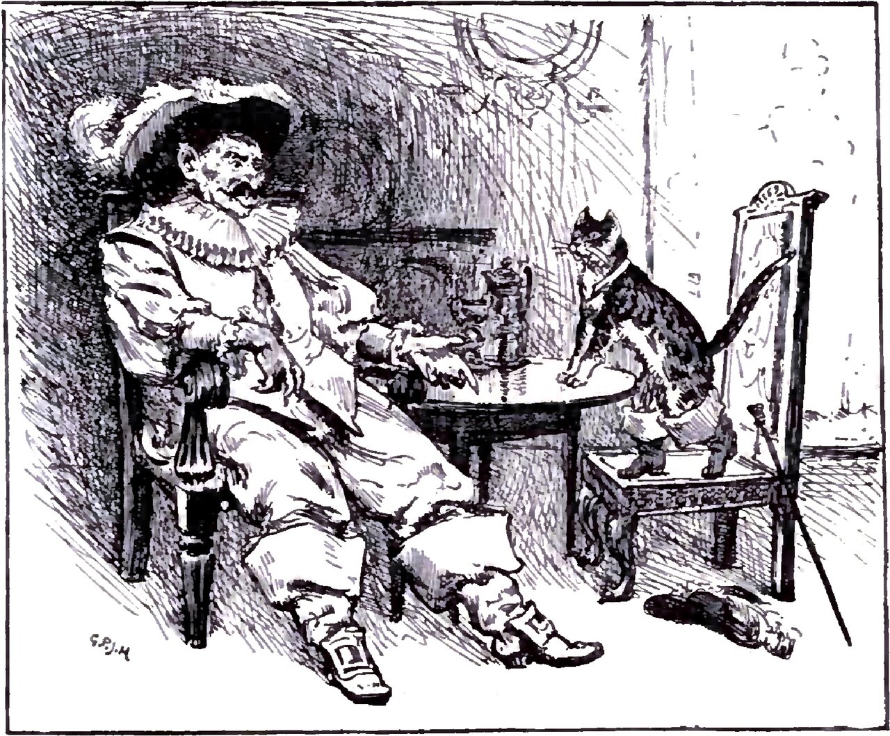 A big moustached man in a broad plumed hat and a ruff lolls back in a chair with his legs stretched out before him and one hand on a small round table carrying a lidded flagon, while the Cat sits up facing him on a high wooden chair opposite, his booted hind legs on the seat, his forepaws set on the table edge and his tail sweeping up behind him