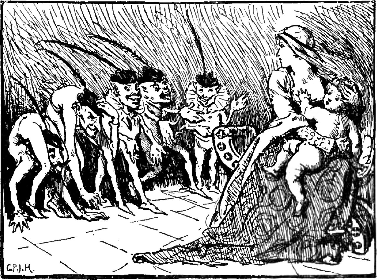 A row of grotesque little dwarfs bows on a tiled floor before a richly dressed woman in a broad plumed hat who sits with a small child on her lap, the ones furthest from her bent until their hands touch the ground, the nearer ones in plumed caps, and the foremost in a wide pleated ruff beside a shield charged with roundels