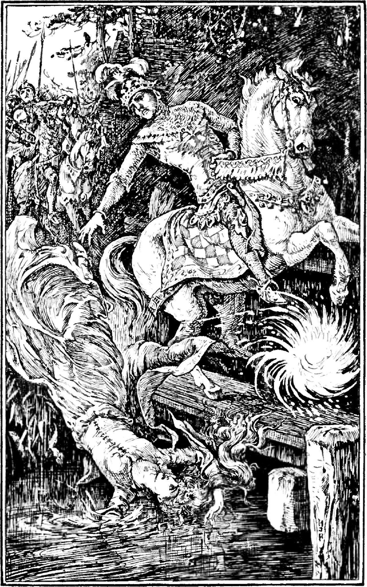 A rider in a plumed helmet and a richly patterned surcoat, on a rearing white horse with a chequered caparison, leans down from a wooden bridge over a stream and reaches out toward a figure in a long robe that pitches headlong off the planks into the water with its hair streaming, while a burst of light flares at the edge of the bridge and horsemen with lances ride behind among the trees