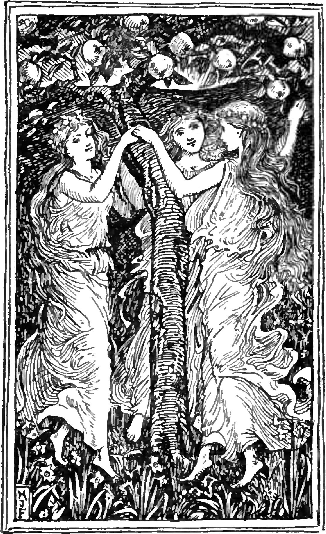 Three young women in long loose gowns, their hair unbound and streaming, circle a slender tree hung with round apples, two of them clasping hands above its trunk, with tall grass and flowers about their bare feet and dark leaves closing in behind, the whole enclosed in a ruled border
