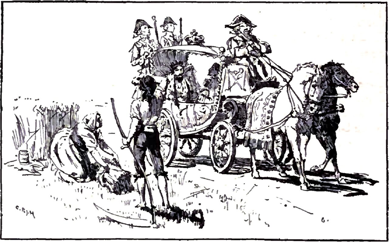 An open coach with a crown above its hood travels a country road behind two plumed horses in harness, its coachman in a tricorne hat on the box and two men in tricorne hats standing up behind it with staves, while at the left a countryman halts in the cut corn with one hand on his upright scythe and looks toward the passengers seated inside, and a figure in a kerchief kneels among the sheaves behind him