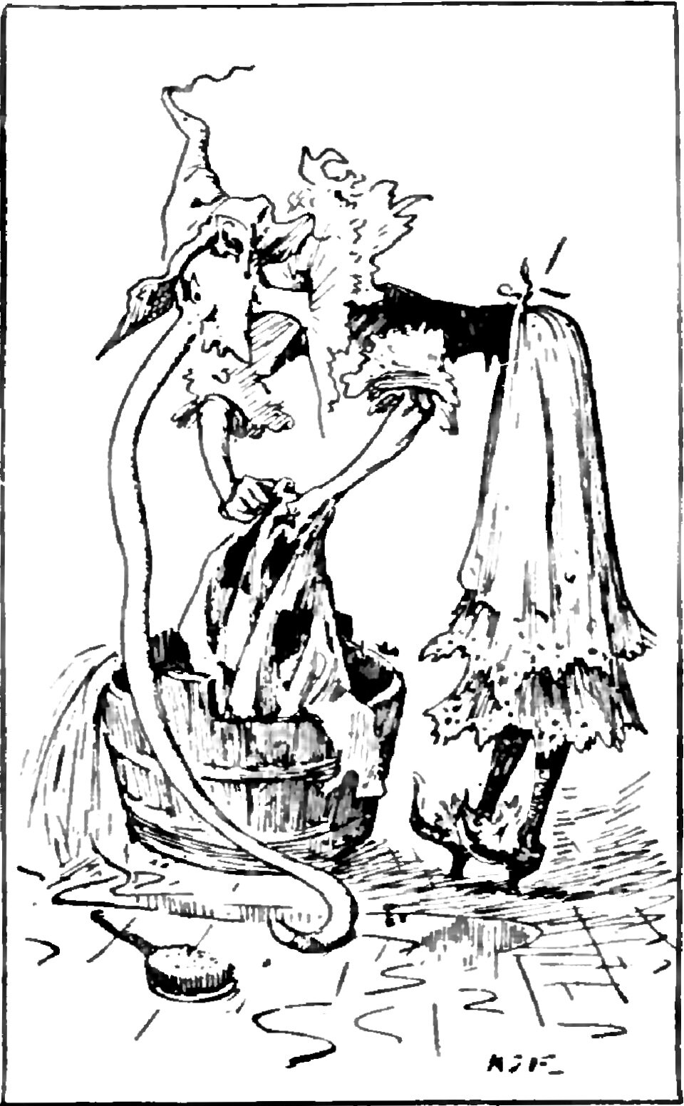 Beside a wooden washing tub two gaunt hags stoop together over a twisted cloth and wring it out between them, water running off it and pooling across the flagged floor; the nearer of the two wears a tall drooping pointed cap and has a nose so long it hangs below her chin, the other has ragged spiked hair, and a third long-nosed figure in a ragged flounced skirt and boots stands away to the right with her back half turned, a shallow pan lying overturned on the wet floor at the lower left