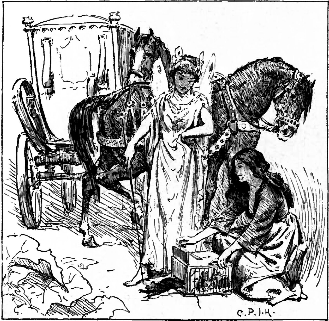 The fairy godmother, winged and in a long pale robe with a band and an ornament in her hair, stands between two harnessed horses in front of a coach, a long slender rod running down from her lowered hand to the ground, while Cinderella kneels at her feet in a dark bodice and pale skirt with both hands on a box trap that holds several small animals behind its bars, and broad sprawling leaves fill the left foreground