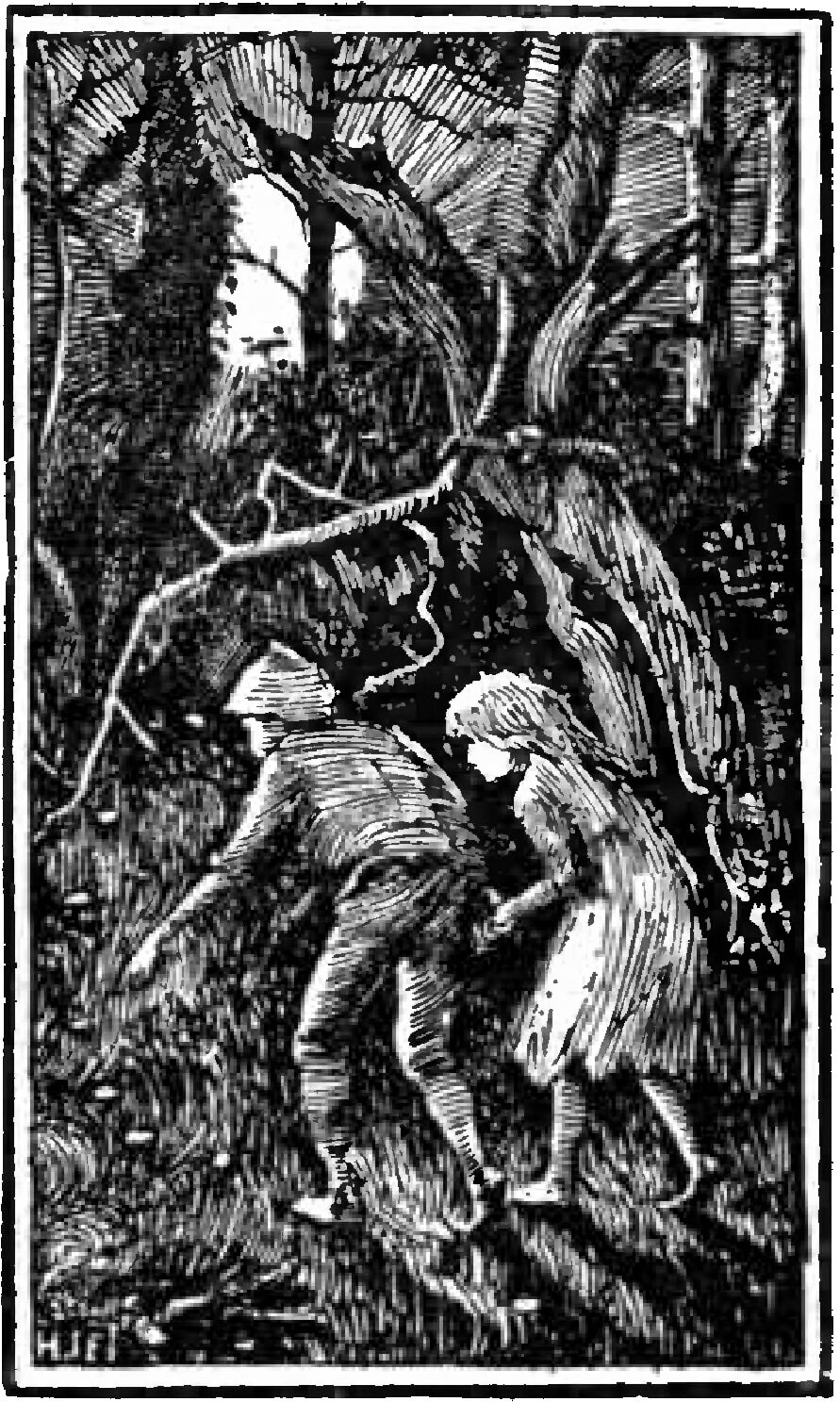 Hansel and Grettel make their way through a dark, close-grown wood, he on the left in a peaked cap and jacket, stooped forward with his head down so that his face is hidden, she at his right in profile with her hair hanging loose and her arm reaching across towards him, a break of pale sky showing between the trunks behind them