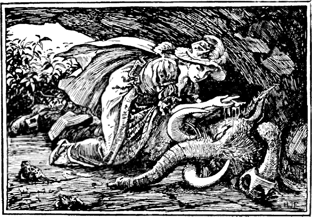 In a cave Beauty kneels bowed low over the Beast, who lies stretched on the ground with his tusked head and scaly clawed limbs filling the right of the picture, one of her hands laid on him and her other arm flung out above him, with rocks, leaves and still water at the cave mouth behind