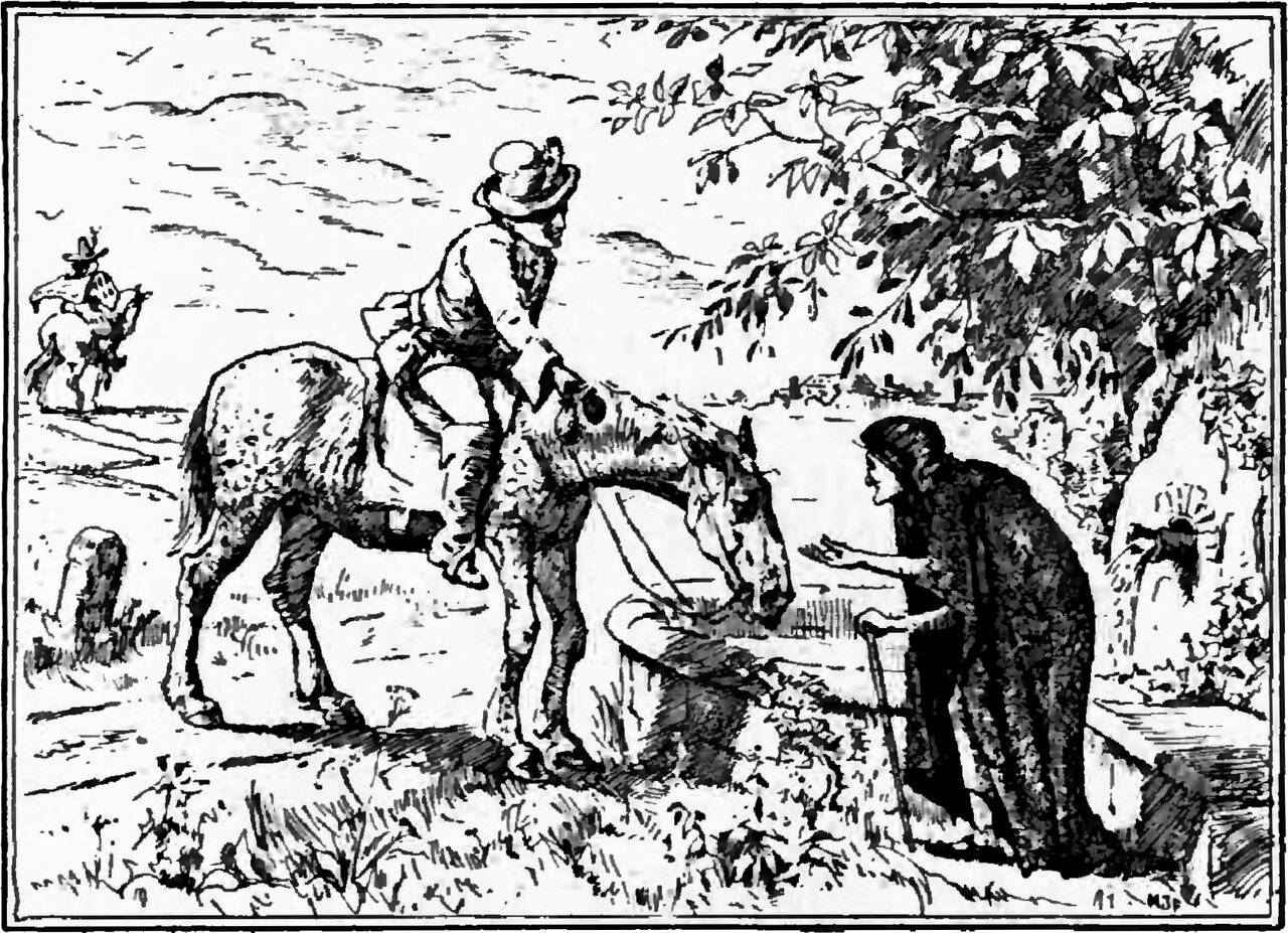 The gardener's son, in a round brimmed hat on his dappled grey horse, has halted at a low stone rim by the roadside and leans down toward a stooping old woman in a dark hooded cloak, who props herself on a walking stick and stretches one open hand toward him, while the horse drops its head to the water and a second, much smaller rider crosses the open country far behind on the left