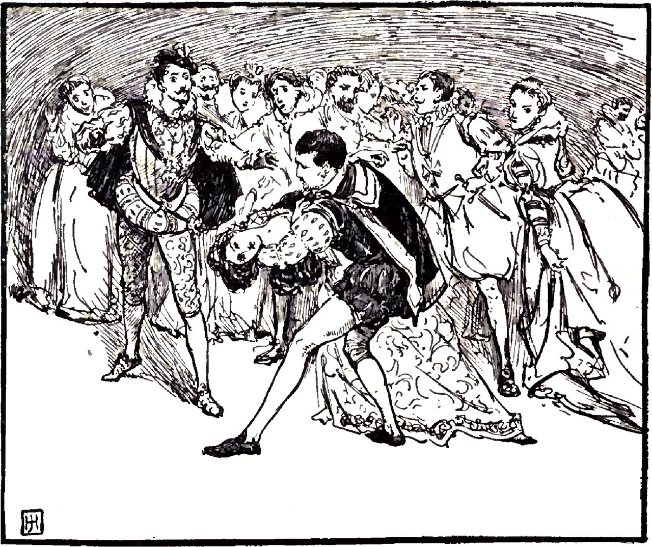 In a crowded hall a young man in a dark cloak and trunk hose lunges forward with one leg thrown wide and stoops with his mouth to the bare shoulder of a woman who has fallen back across his arm in a wide flowered skirt; a bearded man in a sash stands at the left with his hands clasped in front of him, and a press of courtiers in ruffs and full gowns looks on from behind