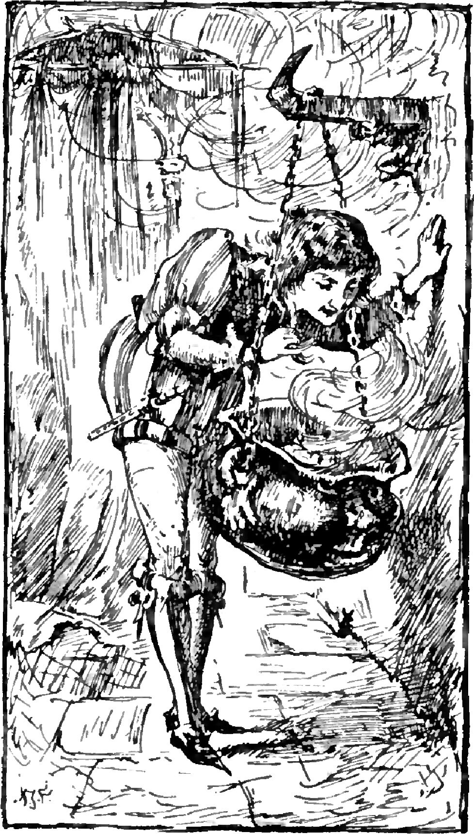 A young man in a slashed doublet with one great puffed sleeve, hose and long pointed shoes, a blade at his hip, stands with his head bent over a wide dark cauldron that hangs on a chain from a hooked beam, one hand at the chain and the other raised open beside his head; rough walls and a hanging rack fill the ground behind him