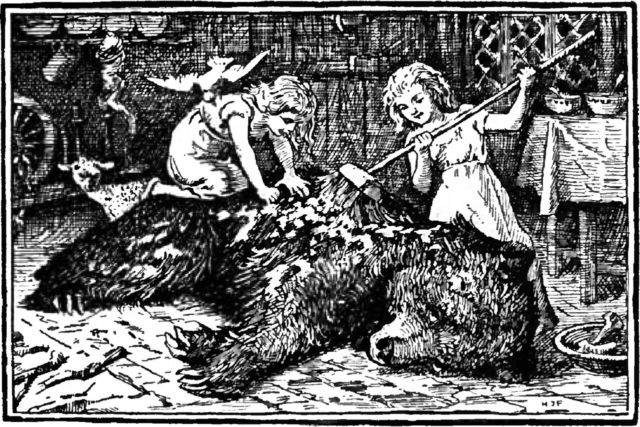 In a cottage kitchen Snow-white and Rose-red kneel over a big shaggy bear sprawled on the flagstones, one leaning across its back with both hands buried in its fur, the other pressing a long-handled brush into it, with a white dove flying behind them and a lamb standing in the shadow at the left
