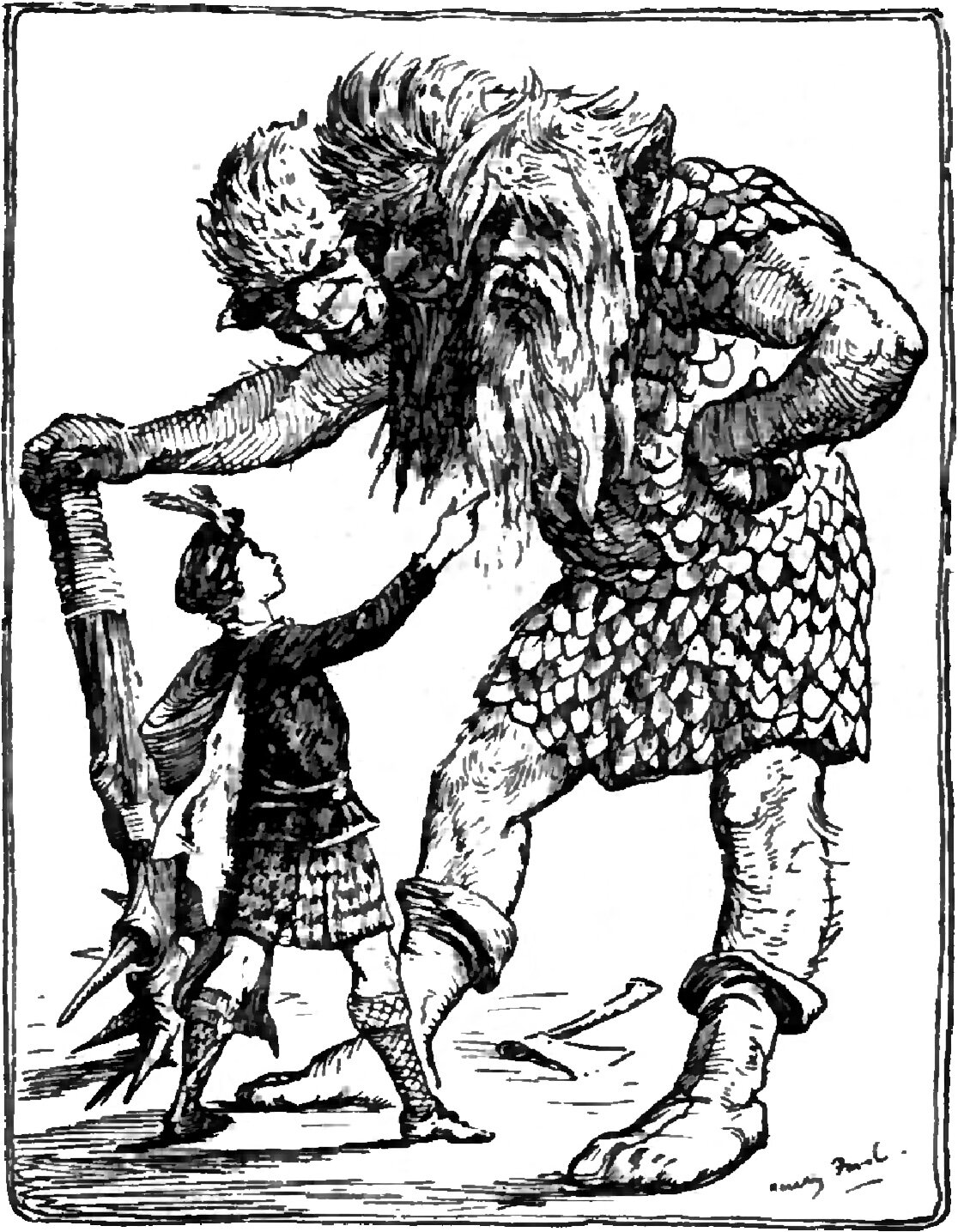 The Red Etin, a shaggy long-bearded giant, barefoot and dressed in a garment of overlapping scales, stoops low over a young man in bonnet, plaid and kilt who tilts his head back and points up at him; a second, smaller head in profile juts out beside the bearded one, one huge hand grips an uprooted tree by way of a club, and two bones lie on the bare ground between them