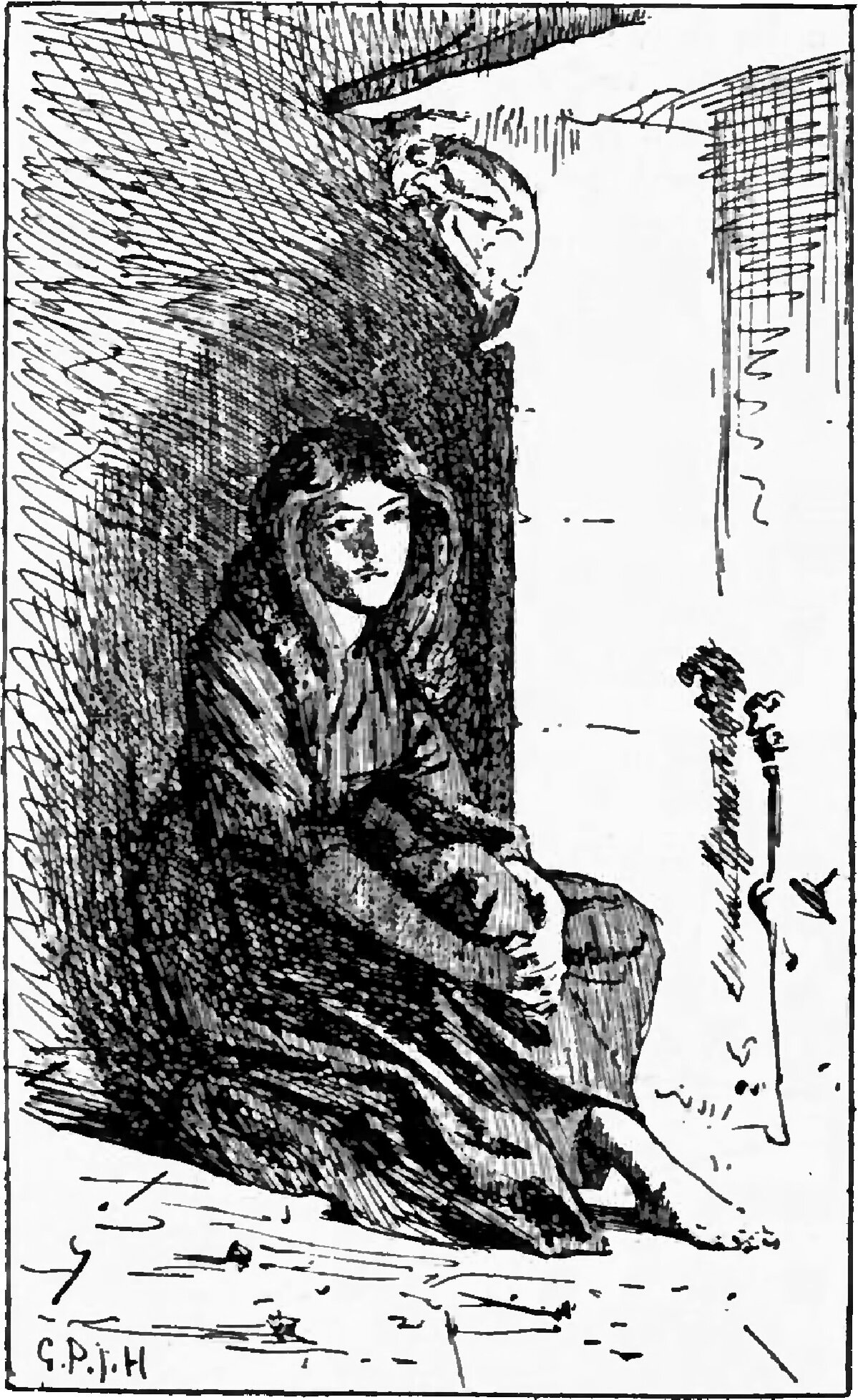 Cinderella sits alone on the bare floor in a deeply shadowed corner, her knees drawn up under a plain dark dress and her hands resting together on them, her face turned out toward the reader, with a small animal curled asleep on the ledge of the projecting wall above her head, and a broom and a second long-handled implement leaning against the wall at the right