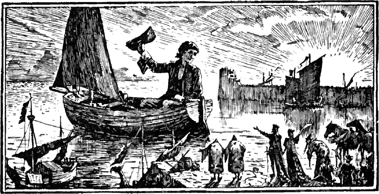 The Man-Mountain sits in a small open boat under a single sail, one arm raised high and a cocked hat held up in farewell, while on the shore at the right two crowned figures in long trained robes each lift an arm to him, two hooded people watch from behind and horses and a small crowd stand at the water's edge; a tiny full-rigged ship lies in the water at the left, and a low sun with spreading rays stands behind a harbour wall at the right
