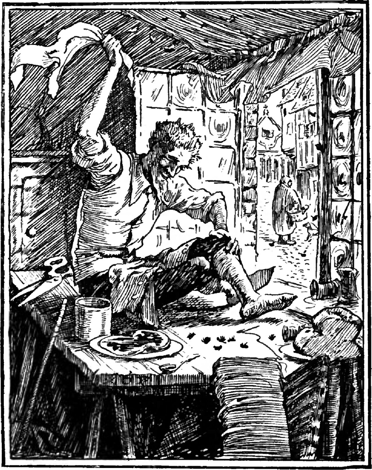 The little tailor sits cross-legged and barefoot on his work table at an open window, one arm swung up with a cloth in his fist, seven flies lying on the table beside a plate of jam-spread bread, a mug and a spool of thread, while in the street below a figure in a long coat carries a basket and a small dog sits up in front of them