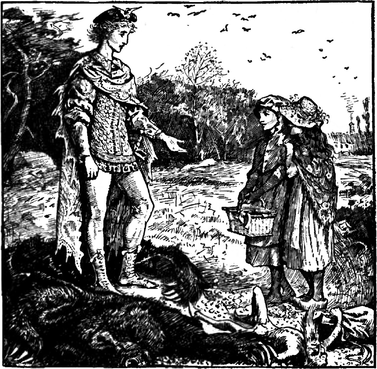 On open heath a young man in a feathered cap, cloak and patterned tunic holds out one hand toward Snow-white and Rose-red, who stand facing him in cloaks and hats with a basket on one girl's arm, while a bear's shaggy skin lies spread with its clawed paws across the whole foreground and birds circle in the sky beyond