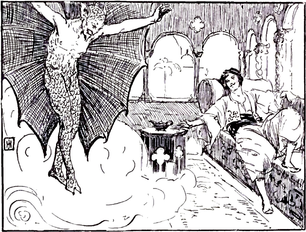 A gaunt scaly genie with broad ribbed bat wings spread and clawed feet stands on a curl of smoke with its arms flung wide, while Aladdin lies back among cushions on a low divan and stretches one hand out to the small oil lamp on a round table beside him