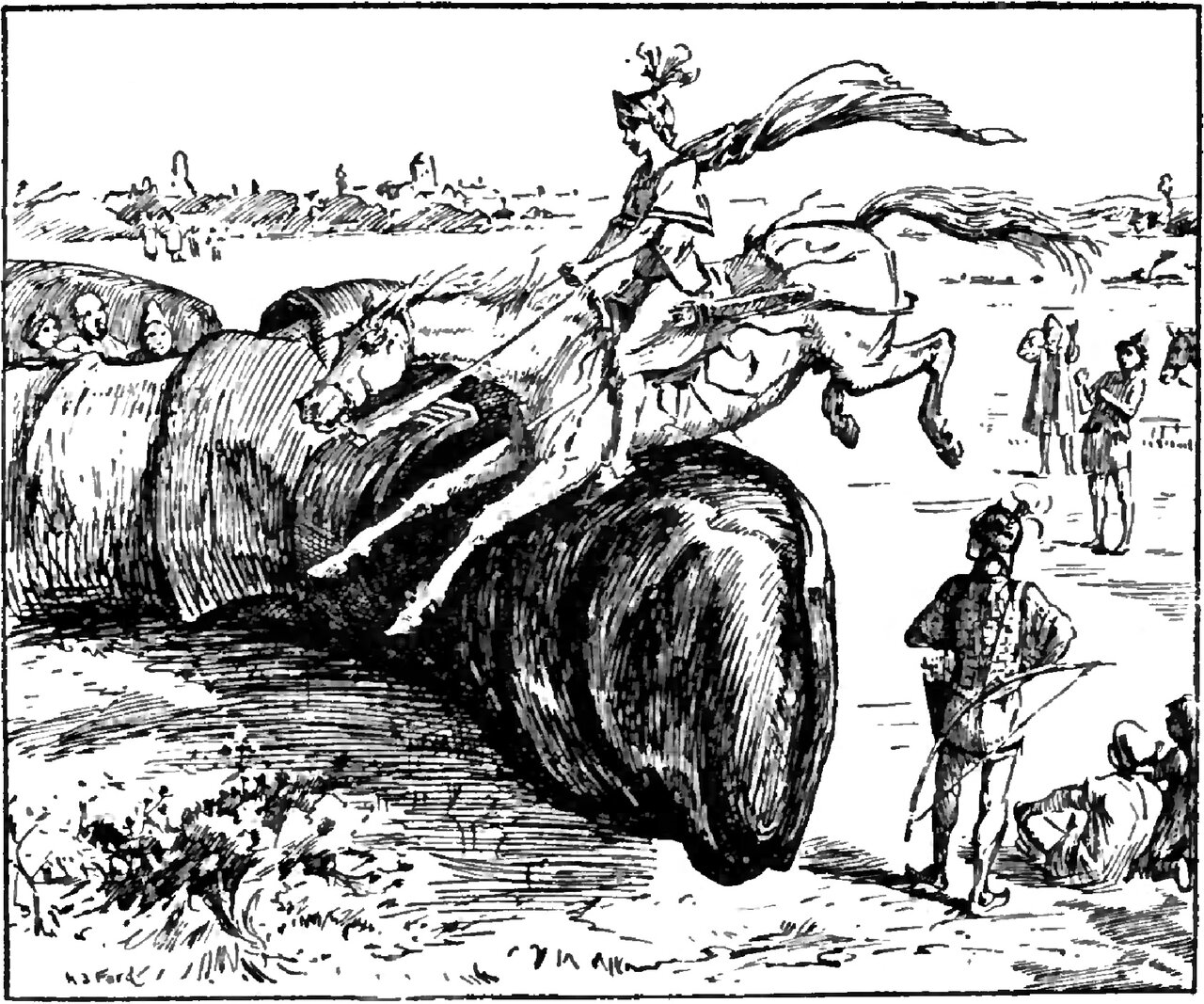 A rider in a plumed cap with a cloak streaming behind him clears the Man-Mountain's outstretched leg and heavy dark shoe on a horse at full leap, all four of its feet off the ground; three small heads watch over the top of the leg at the left, and at the right a soldier in a plumed helmet stands with a pike while other tiny people, a horse and two seated figures look on
