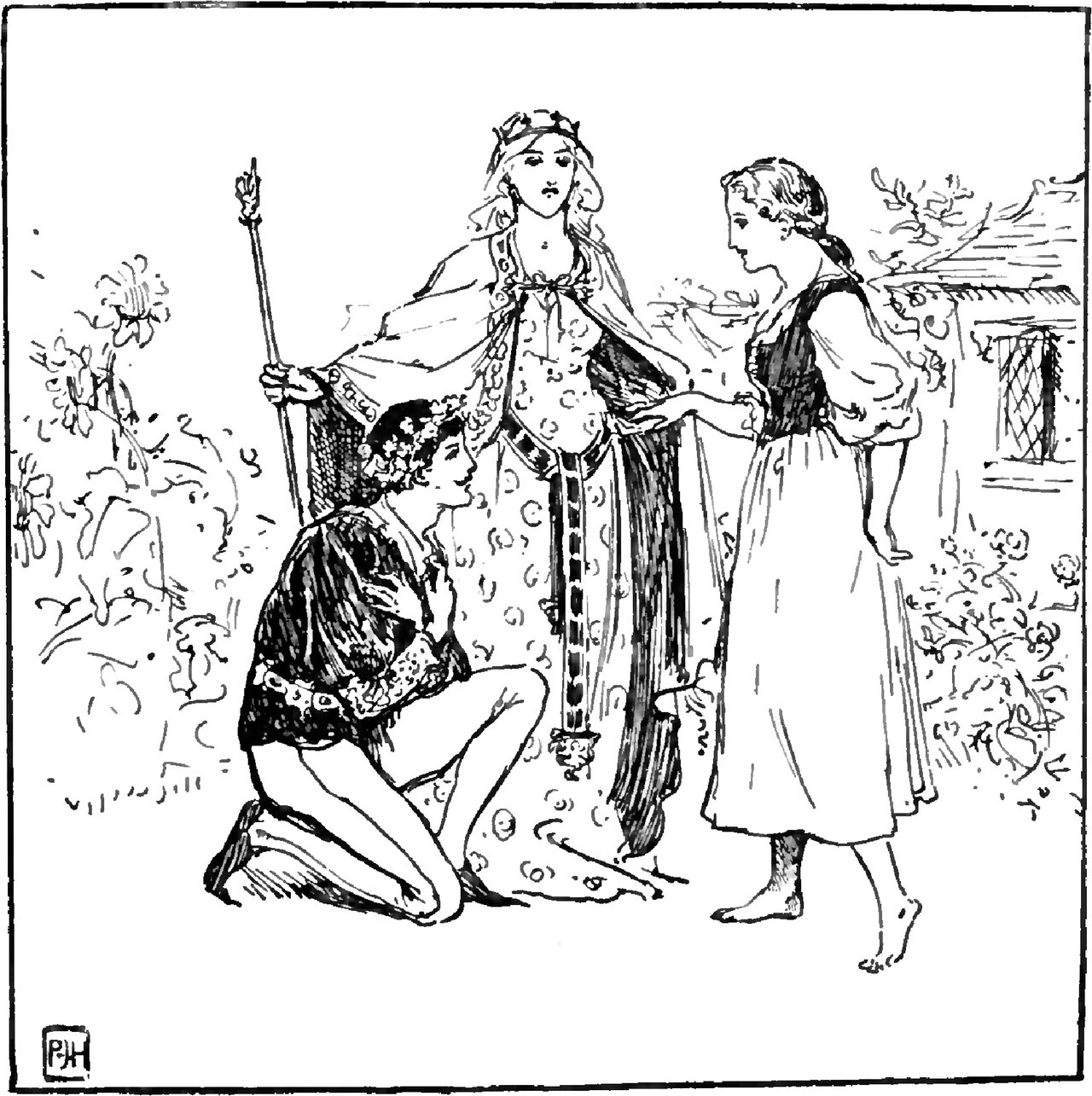 The crowned and veiled Queen of the Woods stands in the garden before the cottage, a tall slender wand held upright in one hand and her other hand meeting Felicia's, who faces her barefoot in her plain bodice and skirt, while the Prince kneels at the Queen's side in a short belted tunic with a wreath of flowers in his hair, looking up at her
