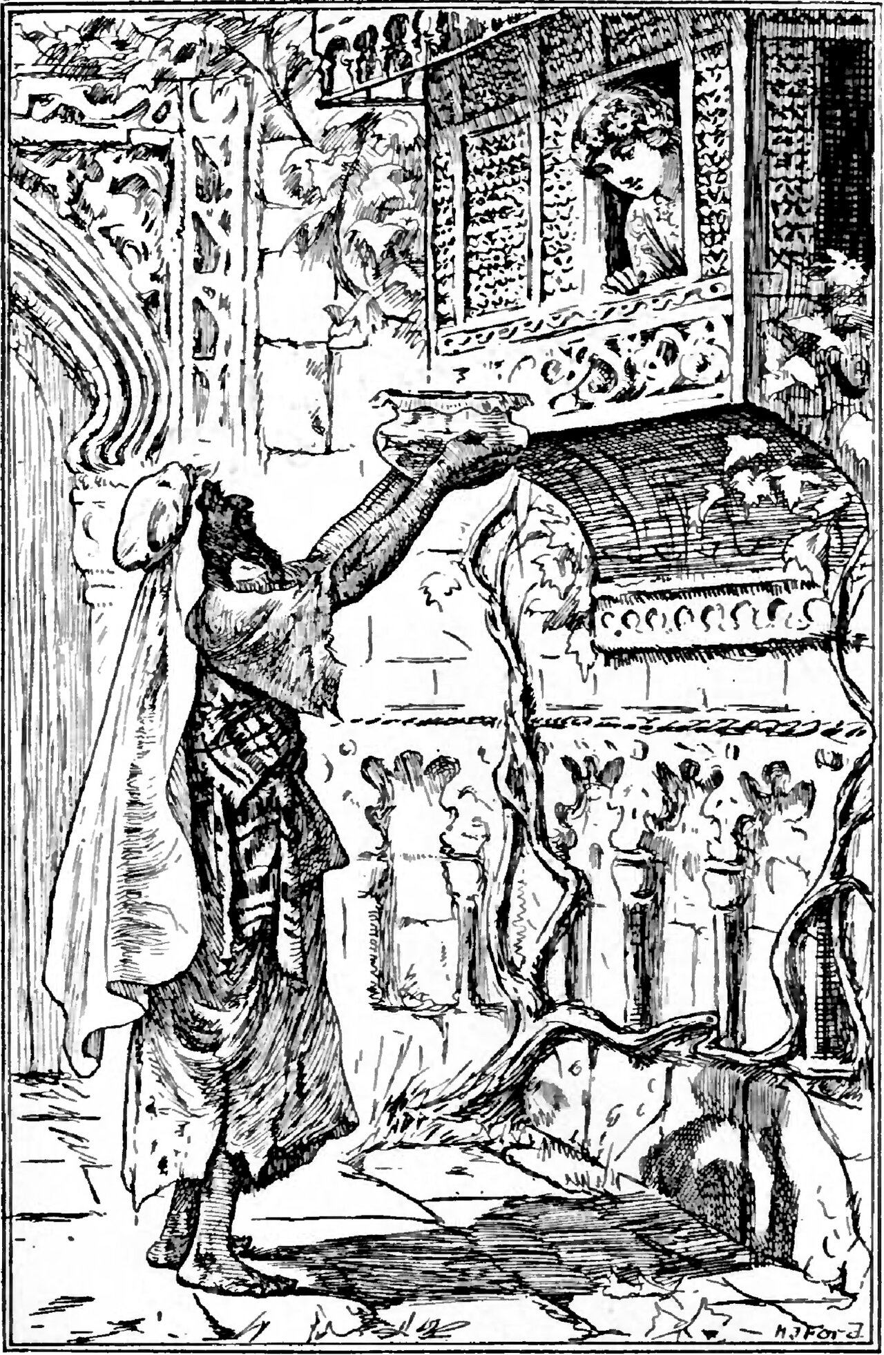 The old Jew, bearded and barefoot, in a turban with a long cloth hanging down his back and a ragged checked robe, stretches up to hold a deep bowl at arm's length beneath a latticed balcony, where the Princess leans out of the window to look down at it, in a courtyard of carved Moorish arches, stone columns and climbing vines over a paved floor