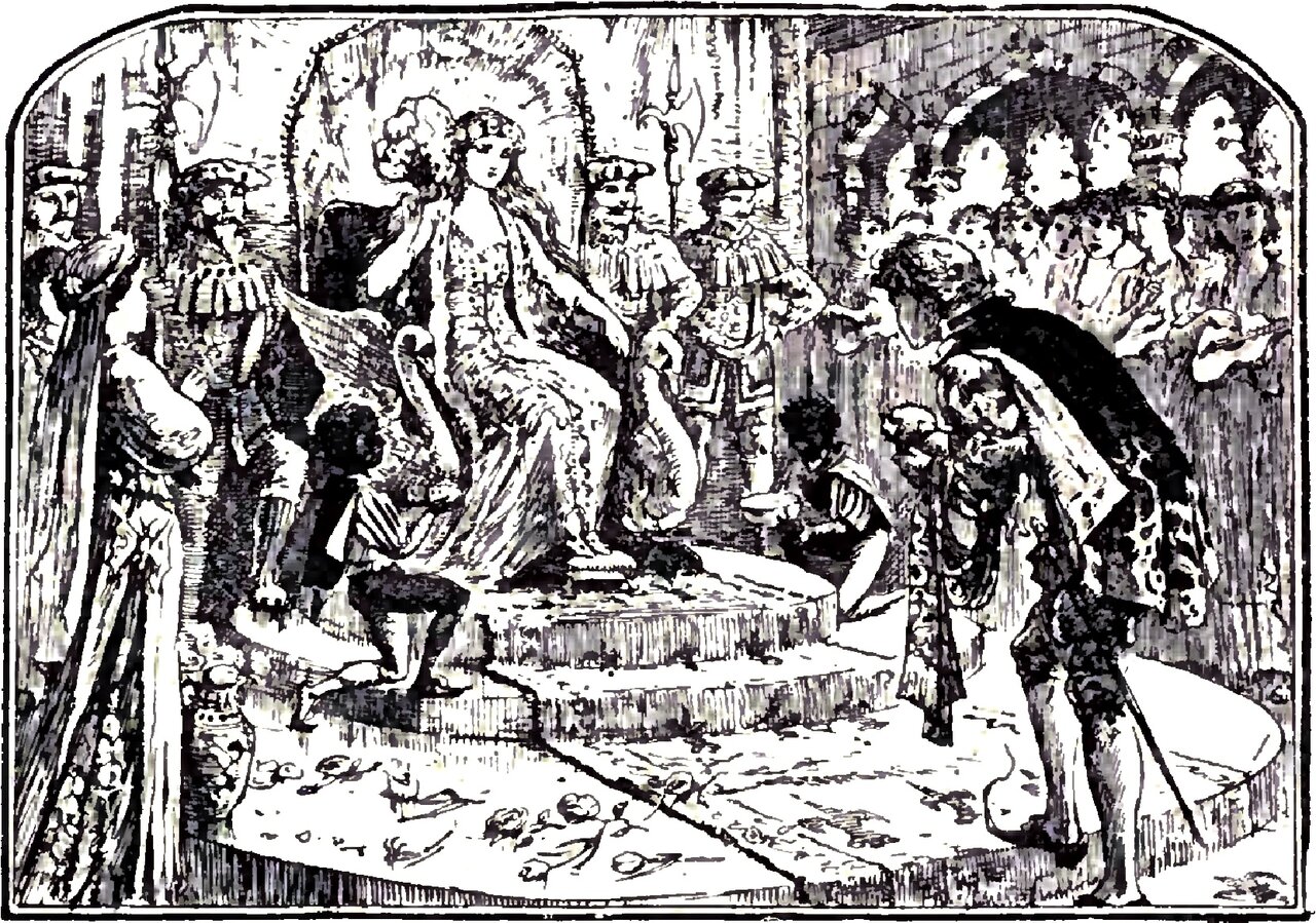 Princess Goldilocks, a garland on her loose hair, sits on a canopied throne raised on a flight of steps with a maid standing behind her and attendants seated and crouching on the steps, while Charming, in a long coat with a dark cloak over one shoulder, bows low before the dais, watched by courtiers in caps and ruffs and by a crowd under an arcade at the right, with flowers scattered over the floor