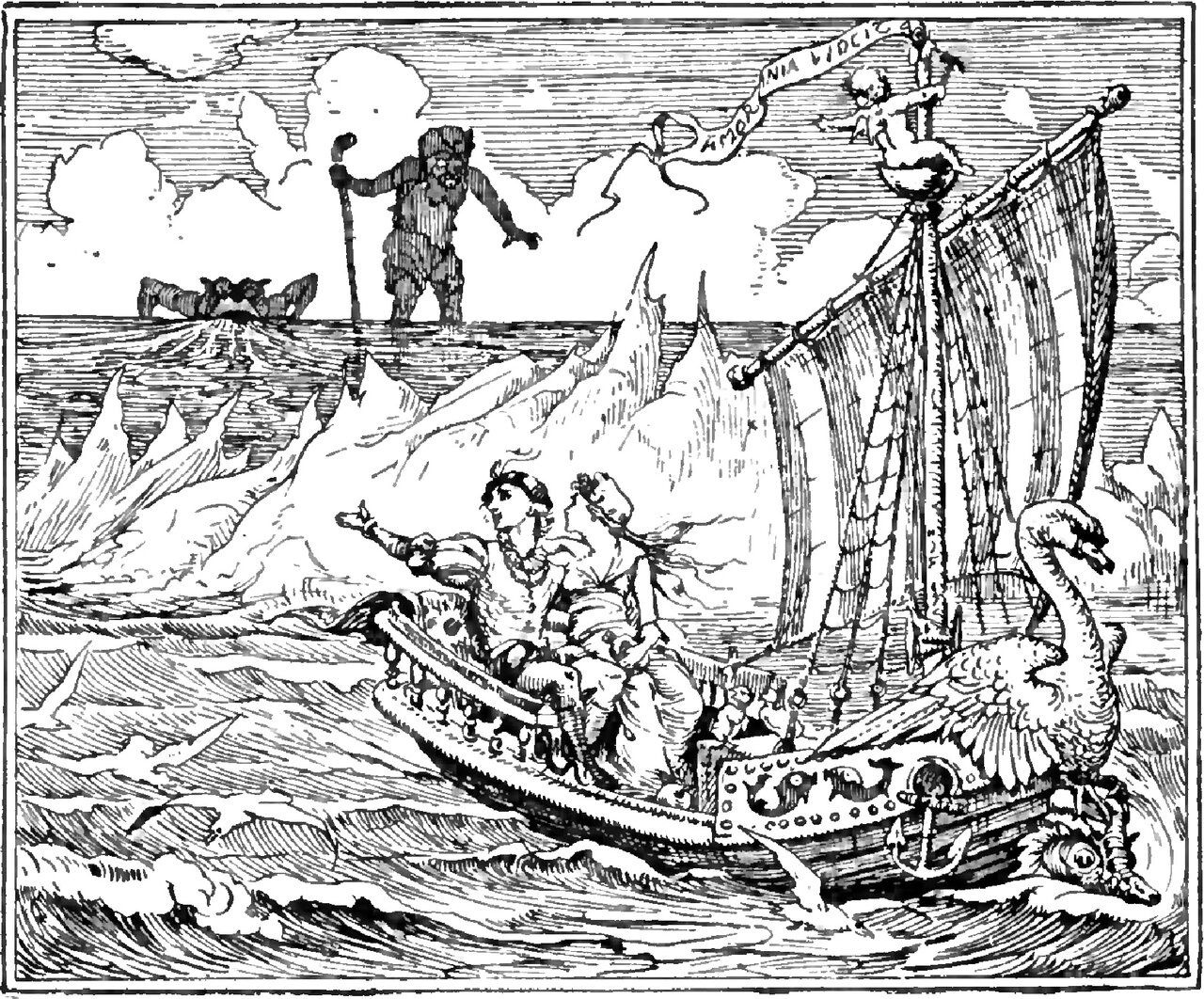 The Prince and the Master-maid sit together in an open ship under a square sail, a carved winged beast at the prow and a small naked child at the masthead holding a scroll lettered AMOR OMNIA VINCIT, and both look back across the waves as he stretches his arm out toward a ridge of jagged white peaks standing out of the sea, with the giant beyond them leaning on a staff in the shallow water and a squat four-legged beast at his side putting its head down to drink