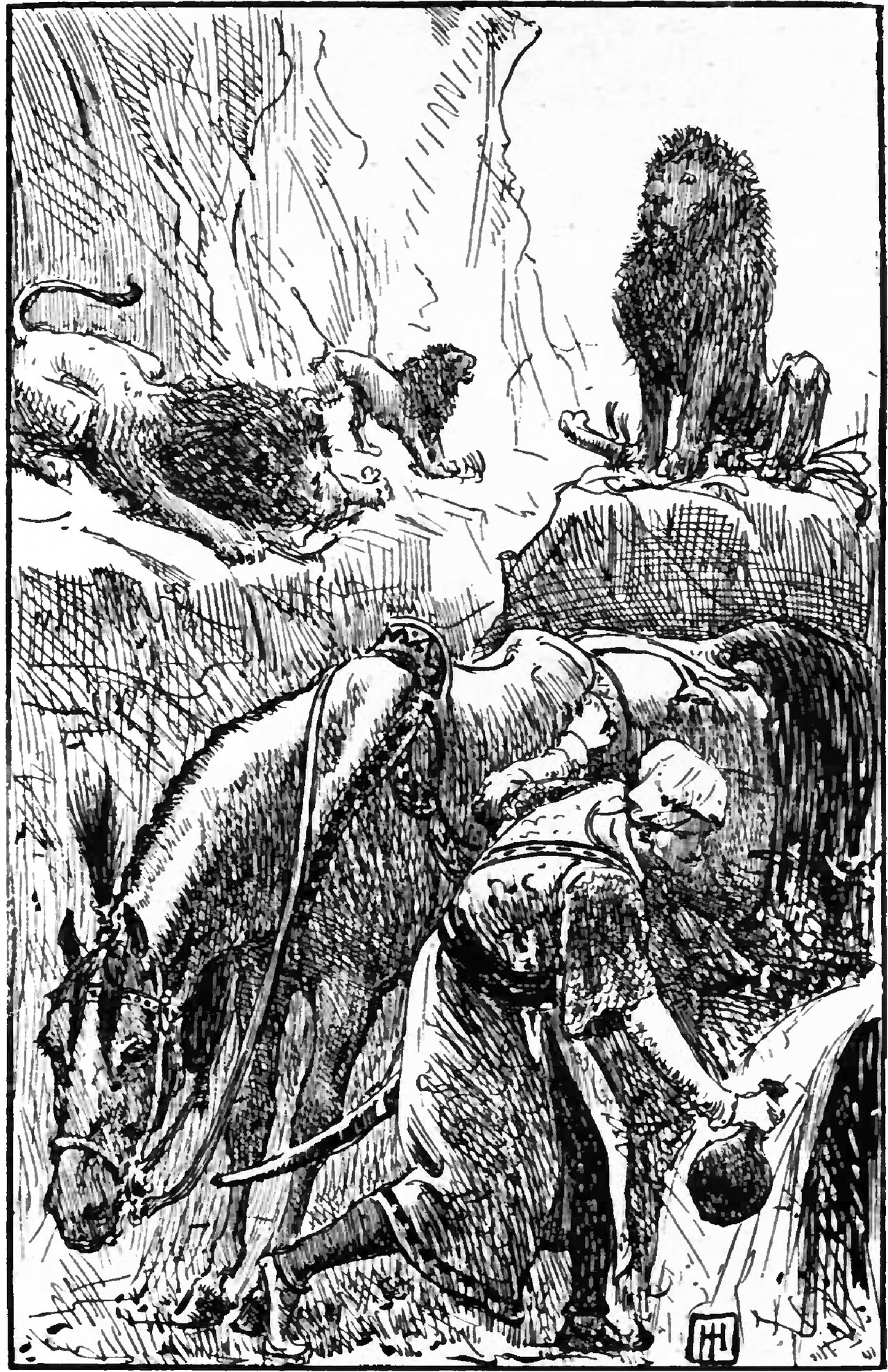 Prince Ahmed, in a cap and a short belted tunic, kneels at the foot of a rocky slope beside his saddled horse, which stoops its head toward the ground, and holds a round flask out under the water spilling down the rock, while above him on the ledge one lion stretches along the rocks at the left, a smaller lion paces beside it, and a great maned lion sits upright on a boulder at the right